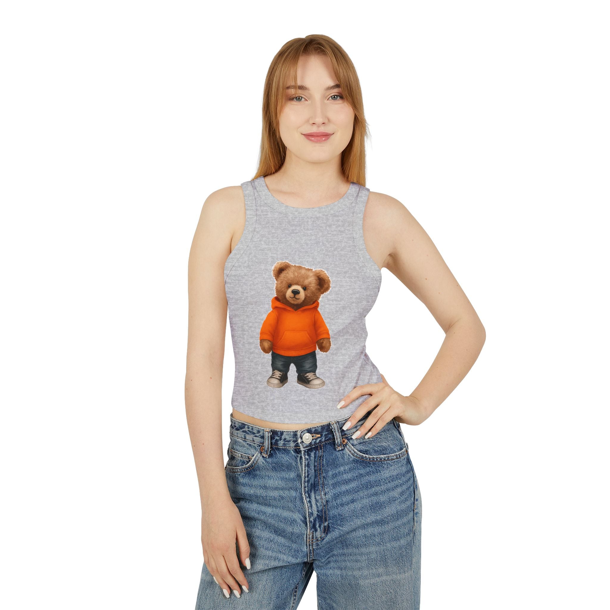 Trendy Bear Print Racer Tank Top for Women, Casual Summer Top, Cute Beachwear, Gift for Her, Festival Fashion, Stylish Comfort