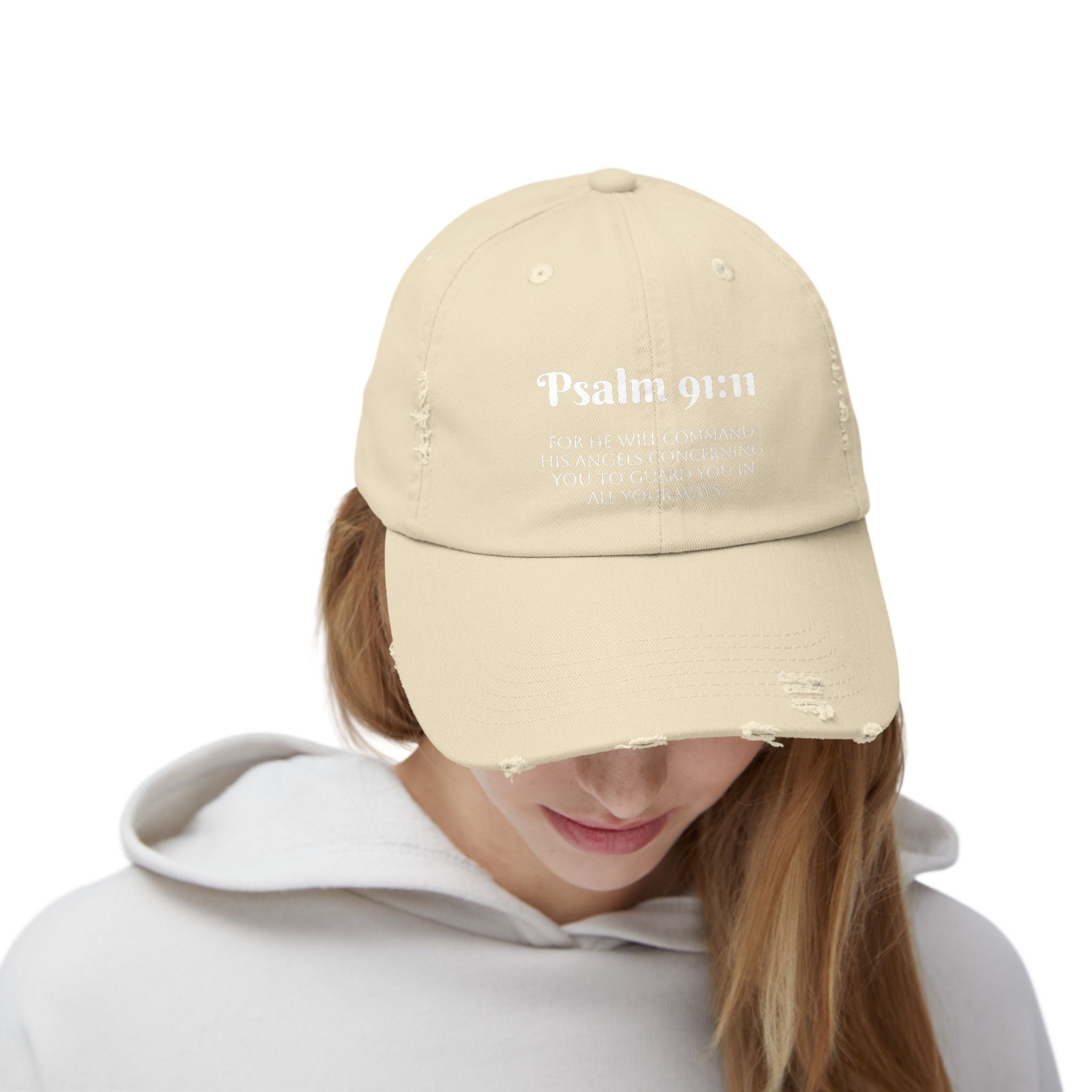 Faith-Inspired Unisex Distressed Cap, Psalm 91:11 Scripture Hat for Daily Wear, Inspirational Gift, Casual Style, Christian Faith