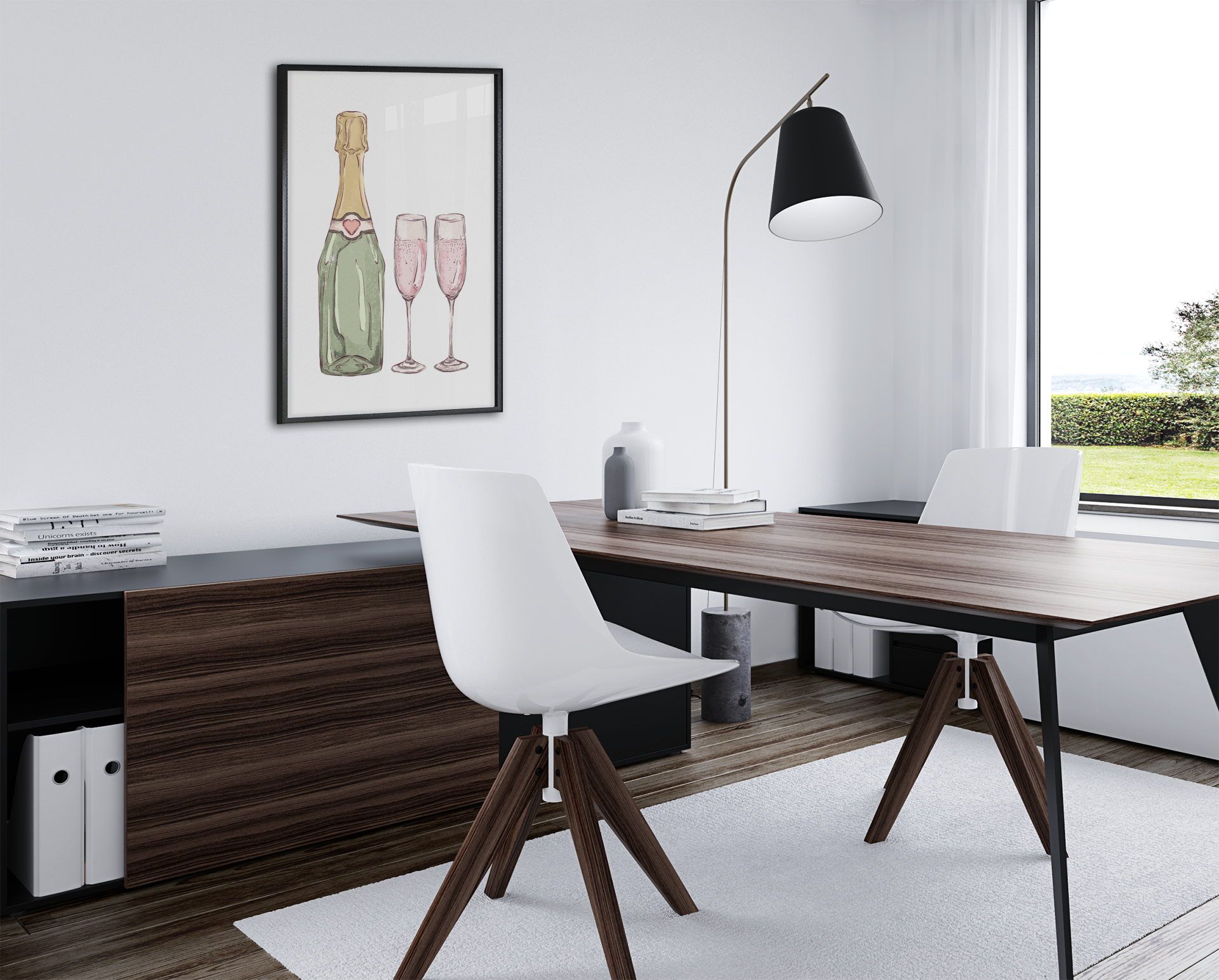 Modern home office with a desk, chair, lamp, and framed artwork.