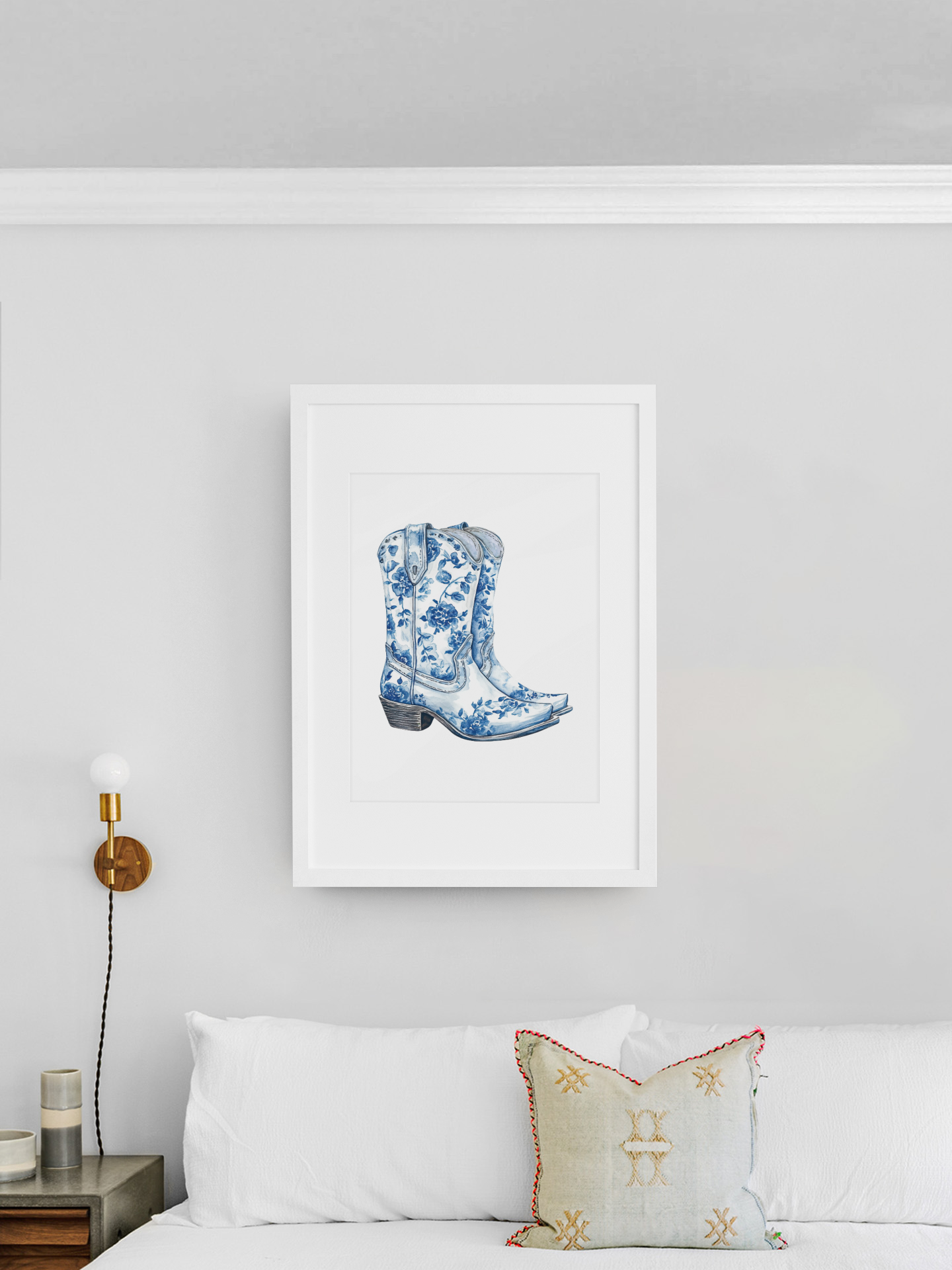 Blue Floral Cowboy Boots Art Print, Dorm Room Decor Rustic Home Art, Gift for Cowgirl, Country Decor, Bohemian Style