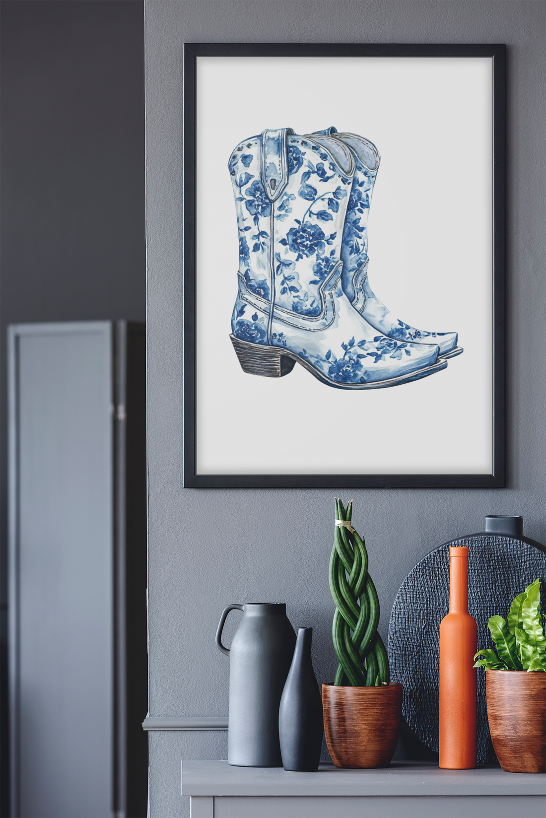 Blue Floral Cowboy Boots Art Print, Dorm Room Decor Rustic Home Art, Gift for Cowgirl, Country Decor, Bohemian Style