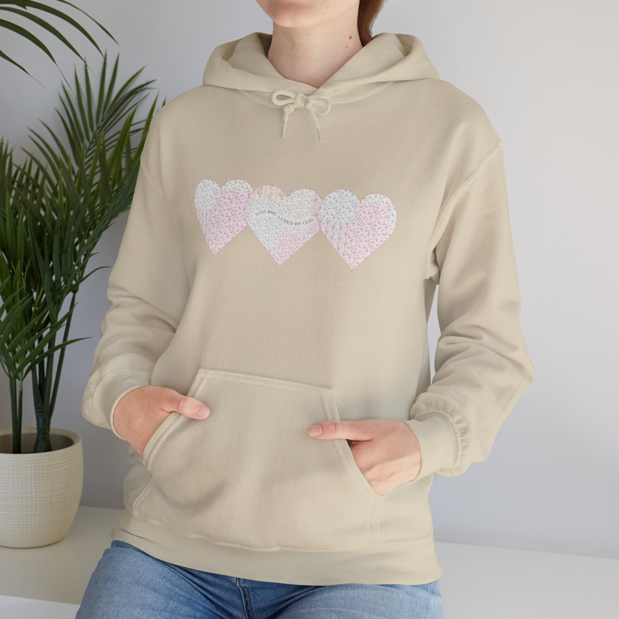 You Are Loved By God Heartfelt Hoodie with Patchwork Hearts Design
