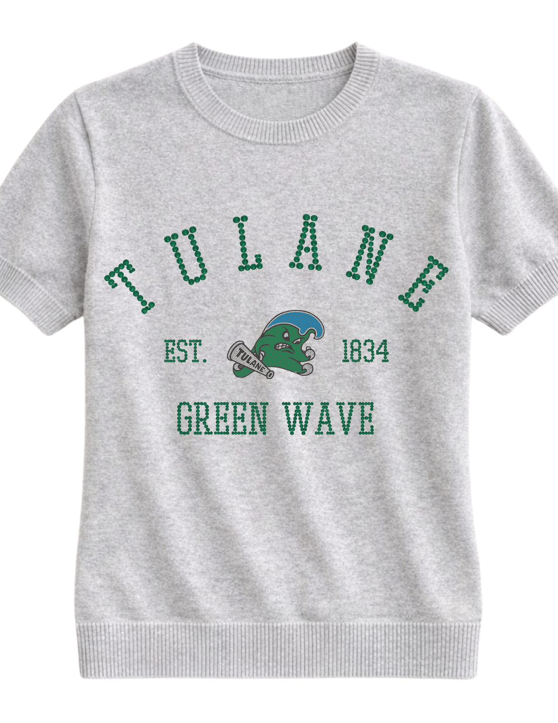 Tulane Vintage Green Wave EST 1834 Grey Short Sleeve Sweater