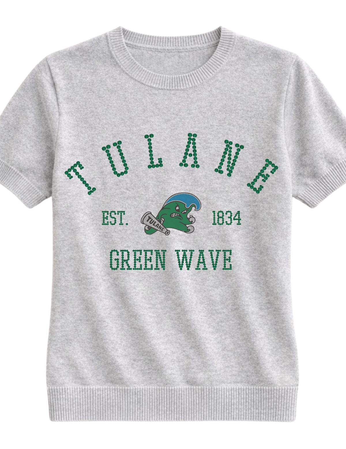 Tulane Vintage Green Wave EST 1834 Grey Short Sleeve Sweater