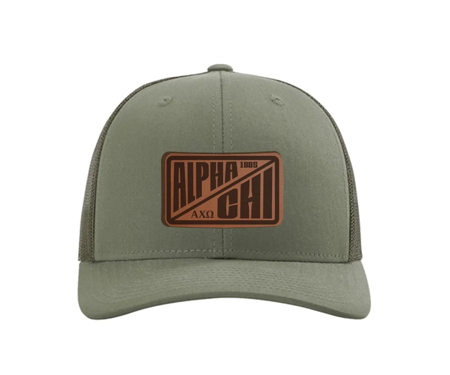 Alpha Chi Omega Richardson 112 Leatherette Patch Trucker Hat - Divide