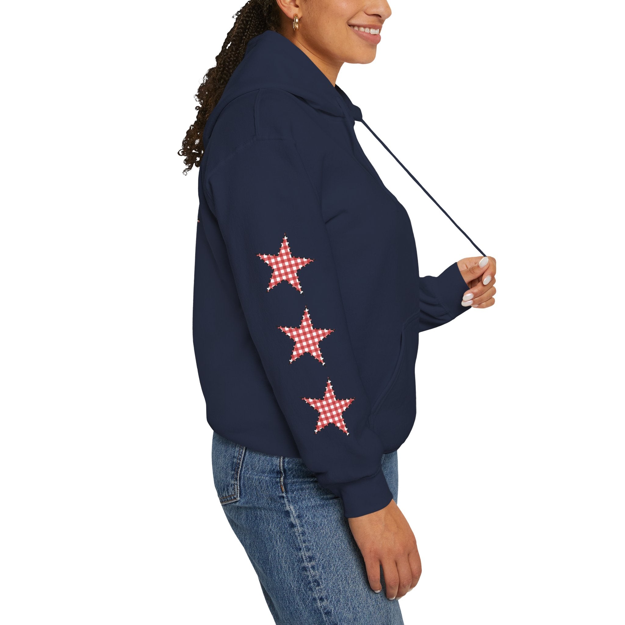 Red Gingham Star Hoodie, Cozy Winter Sweatshirt, Casual Unisex Outerwear, Perfect Gift for Birthdays, Holidays, and Trendy Outfits