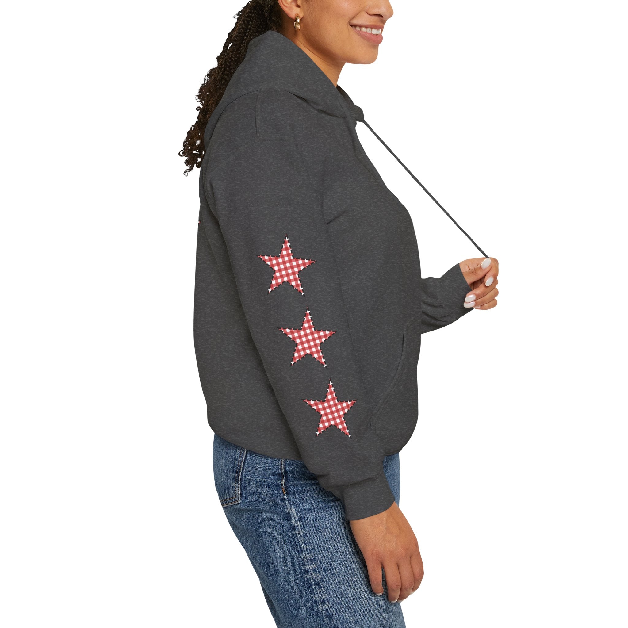 Red Gingham Star Hoodie, Cozy Winter Sweatshirt, Casual Unisex Outerwear, Perfect Gift for Birthdays, Holidays, and Trendy Outfits