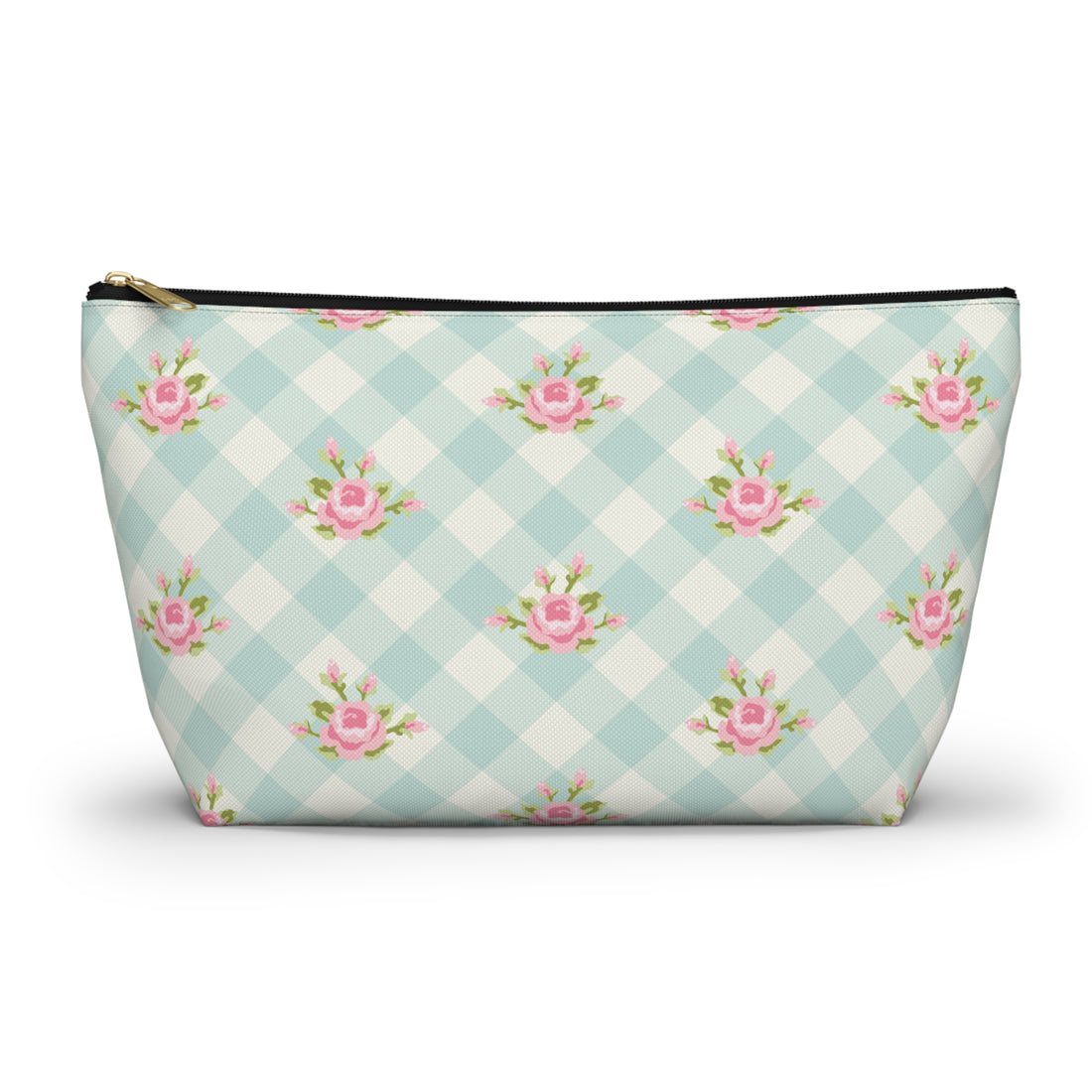 Cosmetic bag with floral pattern on a checkered background