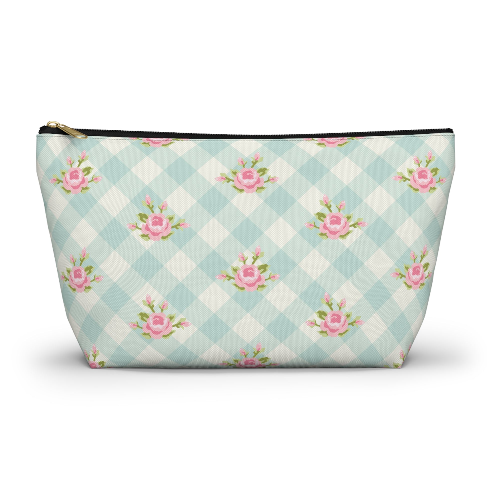 Cosmetic bag with floral pattern on a checkered background