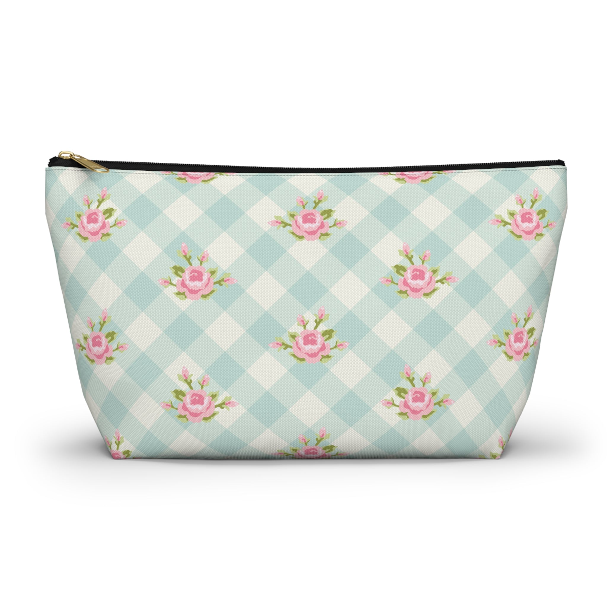 Cosmetic bag with floral pattern on a checkered background