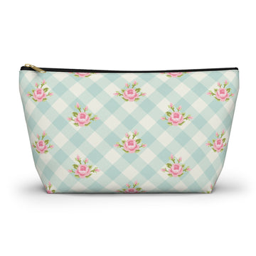 Cosmetic bag with floral pattern on a checkered background