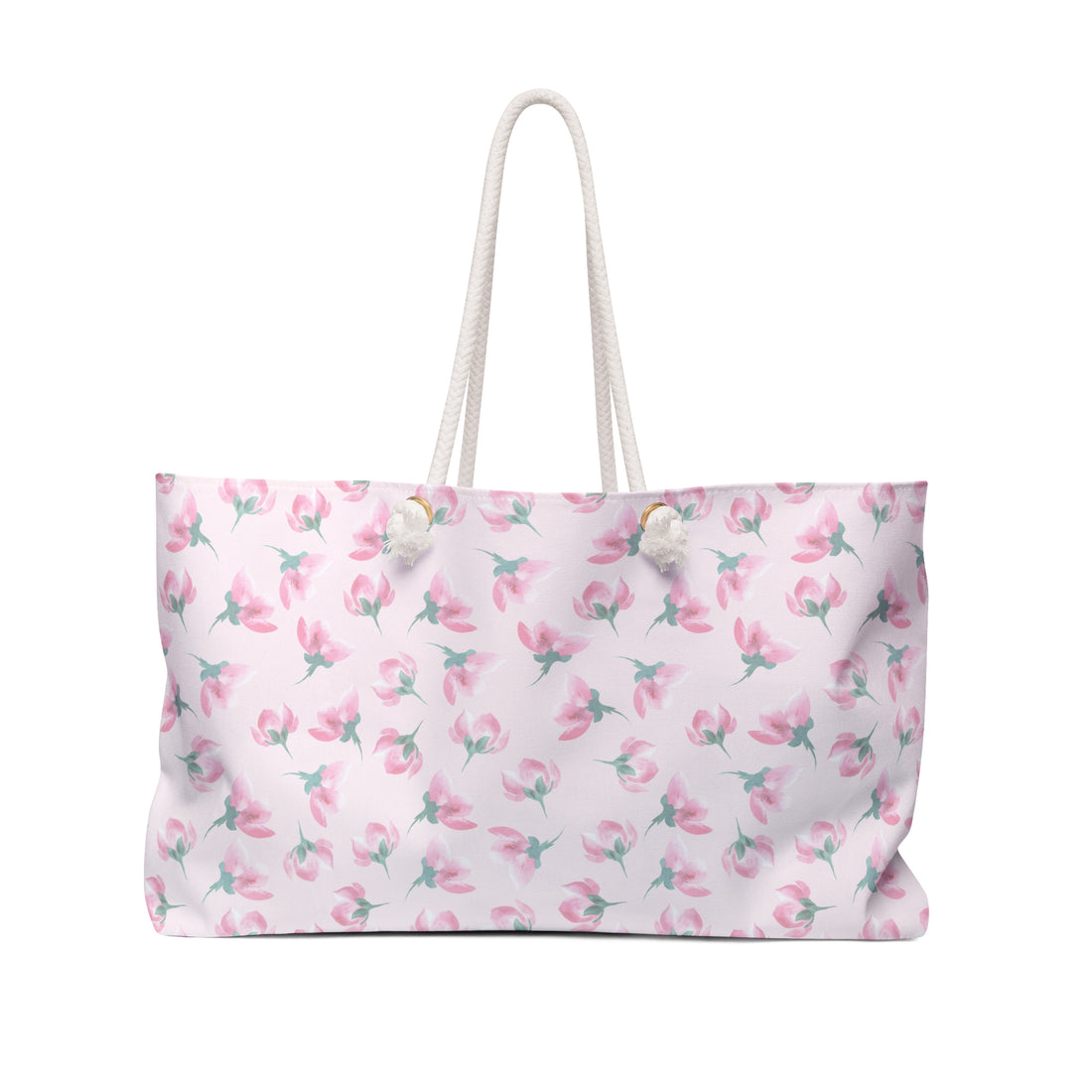 Floral patterned bag with white handle on a white background