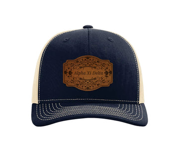 Alpha Xi Delta Richardson 112 Leatherette Patch Trucker Hat - Scroll