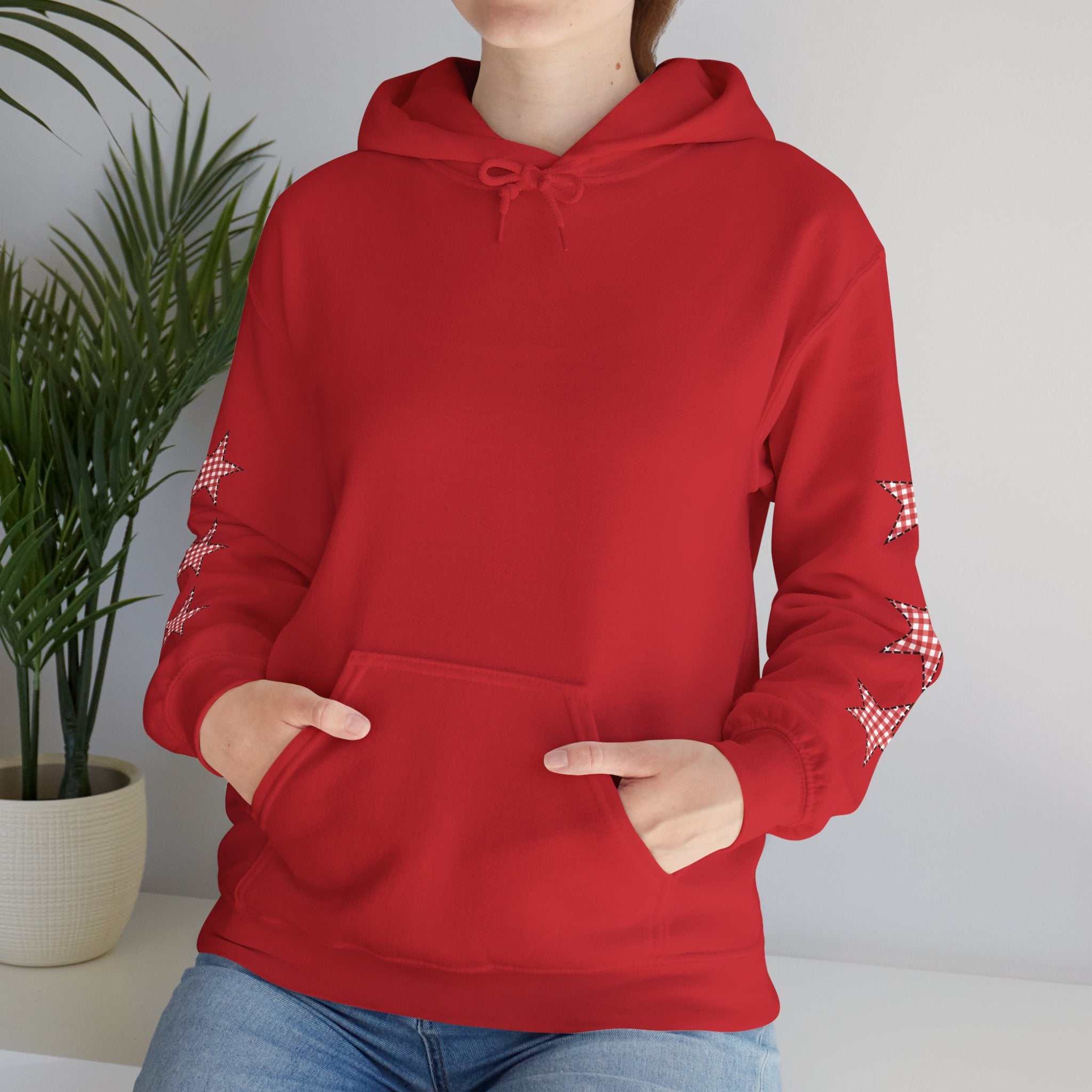 Red Gingham Star Hoodie, Cozy Winter Sweatshirt, Casual Unisex Outerwear, Perfect Gift for Birthdays, Holidays, and Trendy Outfits