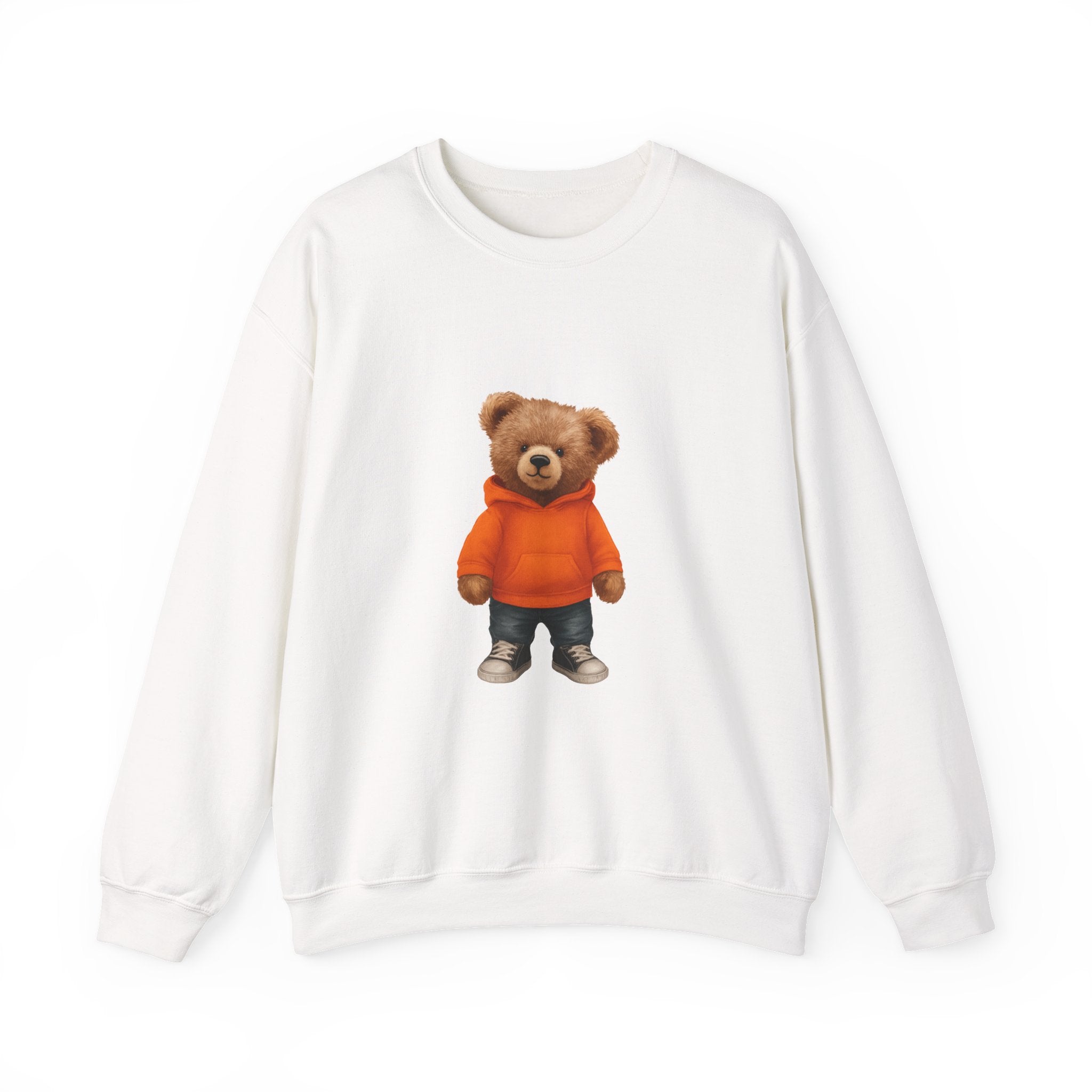 CUSTOMIZABLE Trendy Bear with Orange Hoodie Cozy Bear Crewneck Sweatshirt