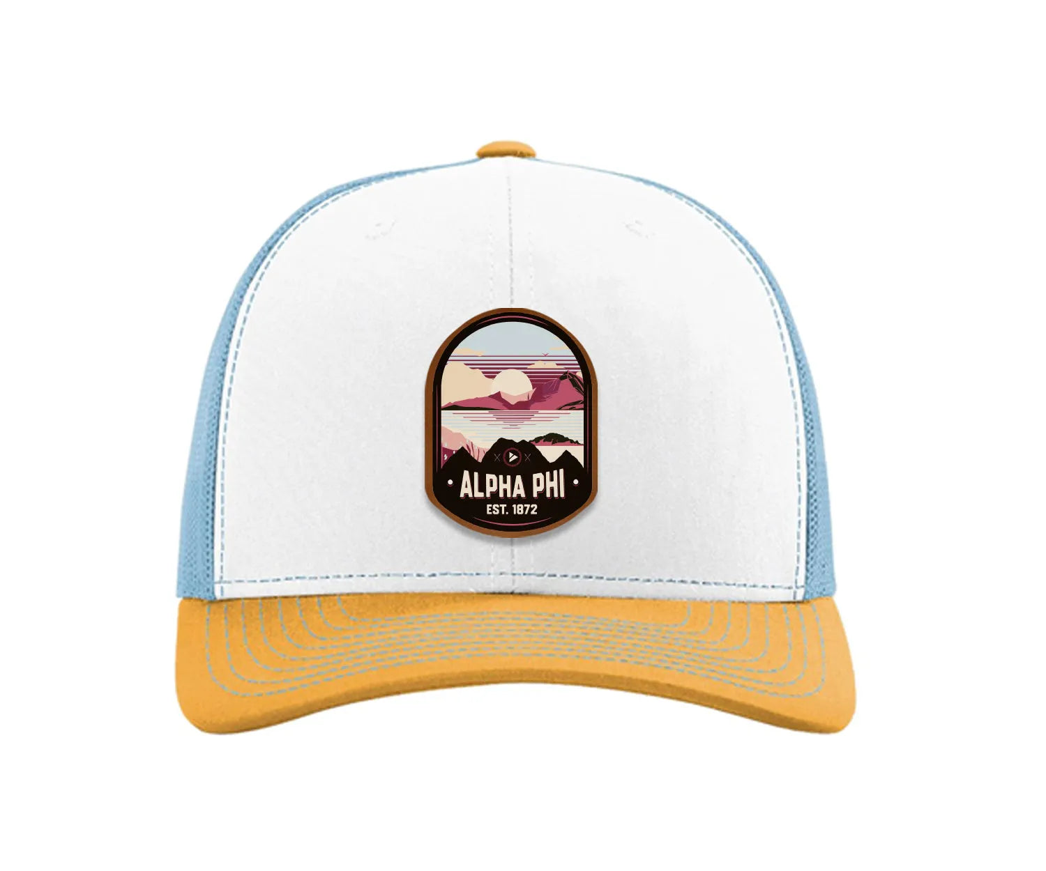 Alpha Phi Richardson 112 UV Print Leatherette Patch Trucker Hat - Ventura