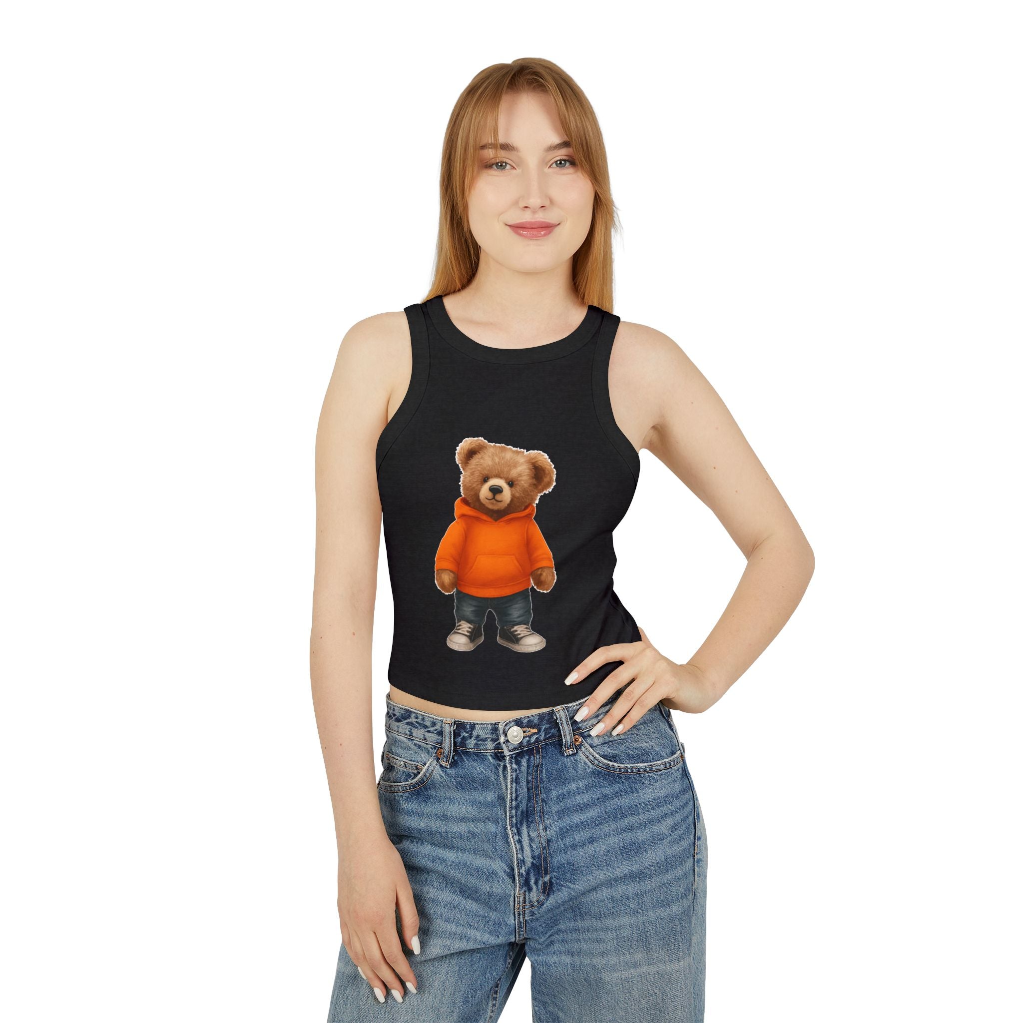 Trendy Bear Print Racer Tank Top for Women, Casual Summer Top, Cute Beachwear, Gift for Her, Festival Fashion, Stylish Comfort