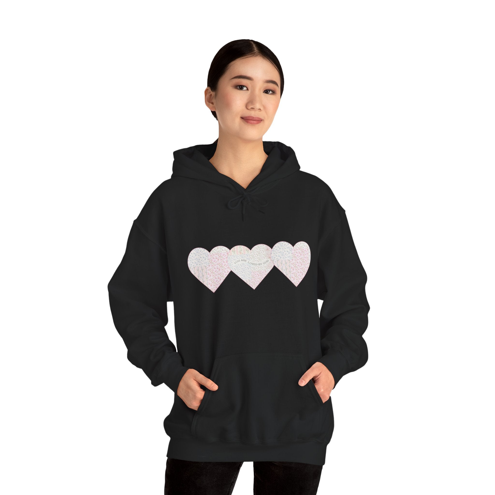 You Are Loved By God Heartfelt Hoodie with Patchwork Hearts Design