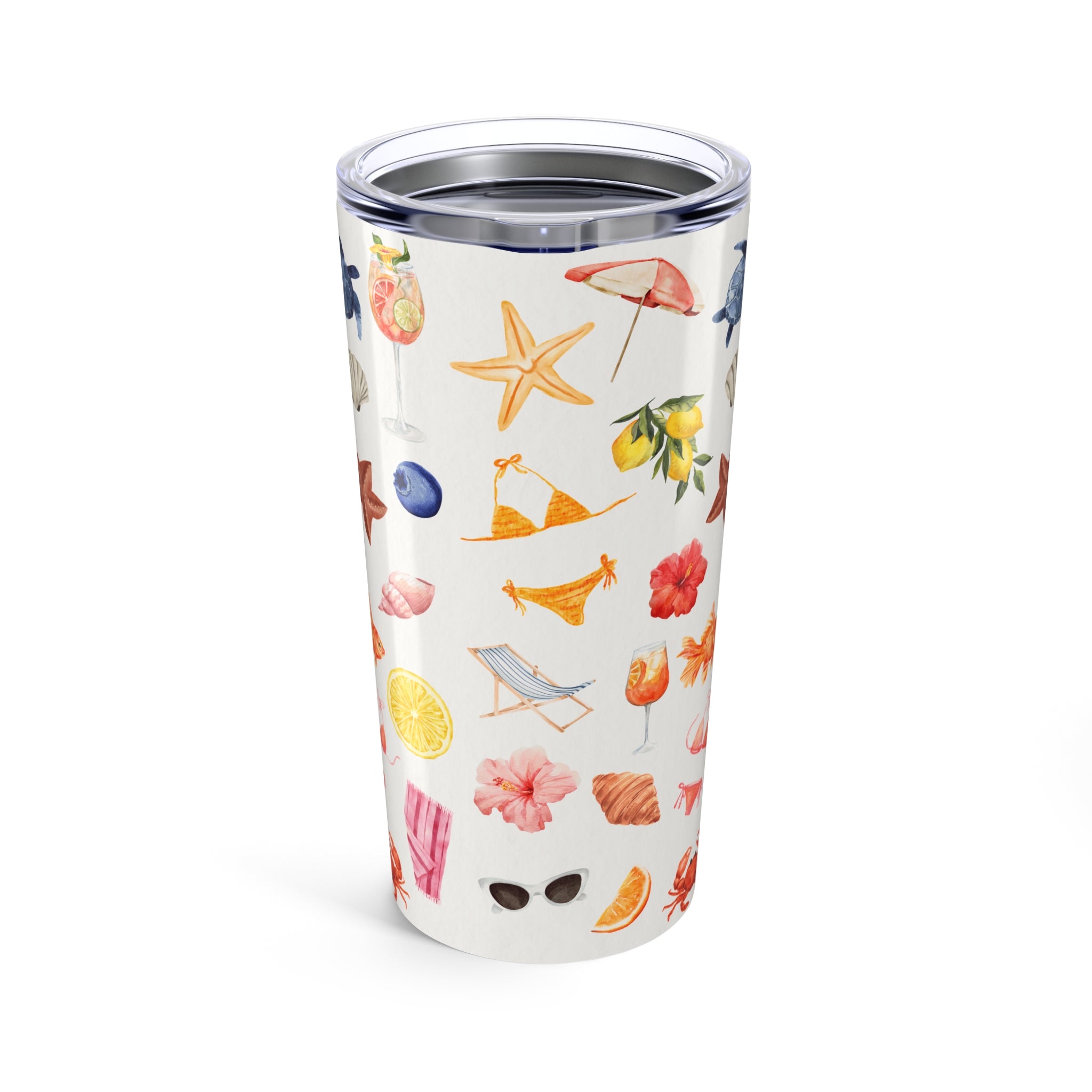 Tumbler with a summer-themed design featuring fruits, beach chairs, and umbrellas on a white background.