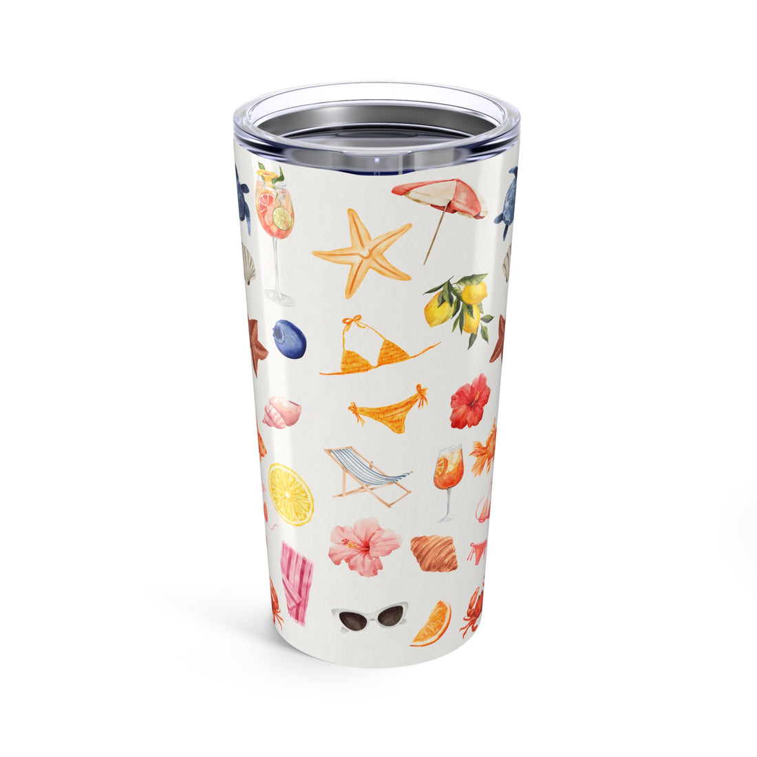 Tumbler with a summer-themed design featuring fruits, beach chairs, and umbrellas on a white background.