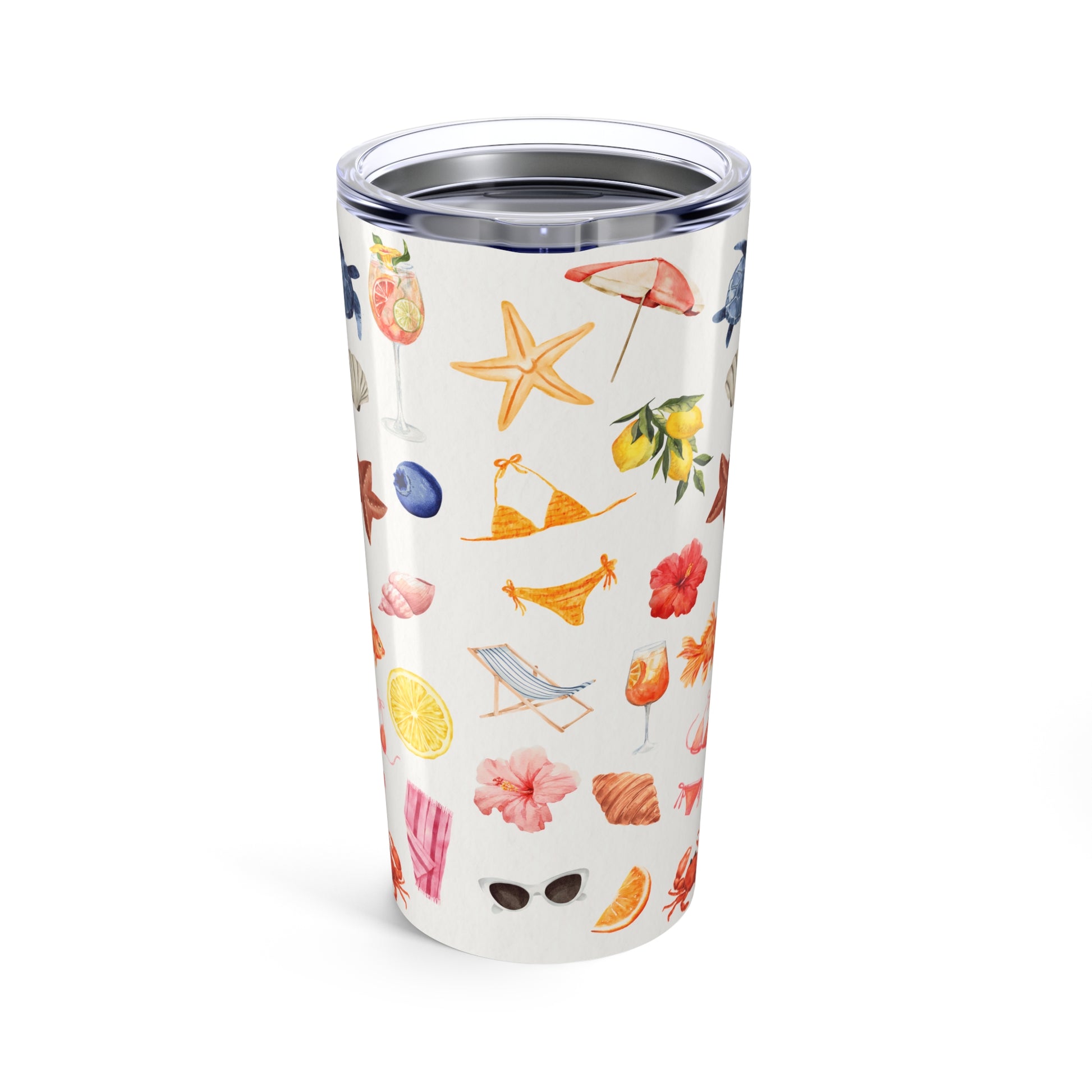 Tumbler with a summer-themed design featuring fruits, beach chairs, and umbrellas on a white background.