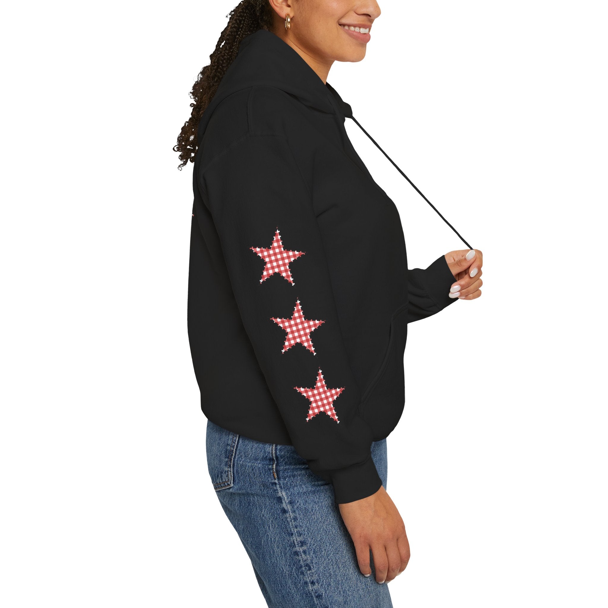 Red Gingham Star Hoodie, Cozy Winter Sweatshirt, Casual Unisex Outerwear, Perfect Gift for Birthdays, Holidays, and Trendy Outfits