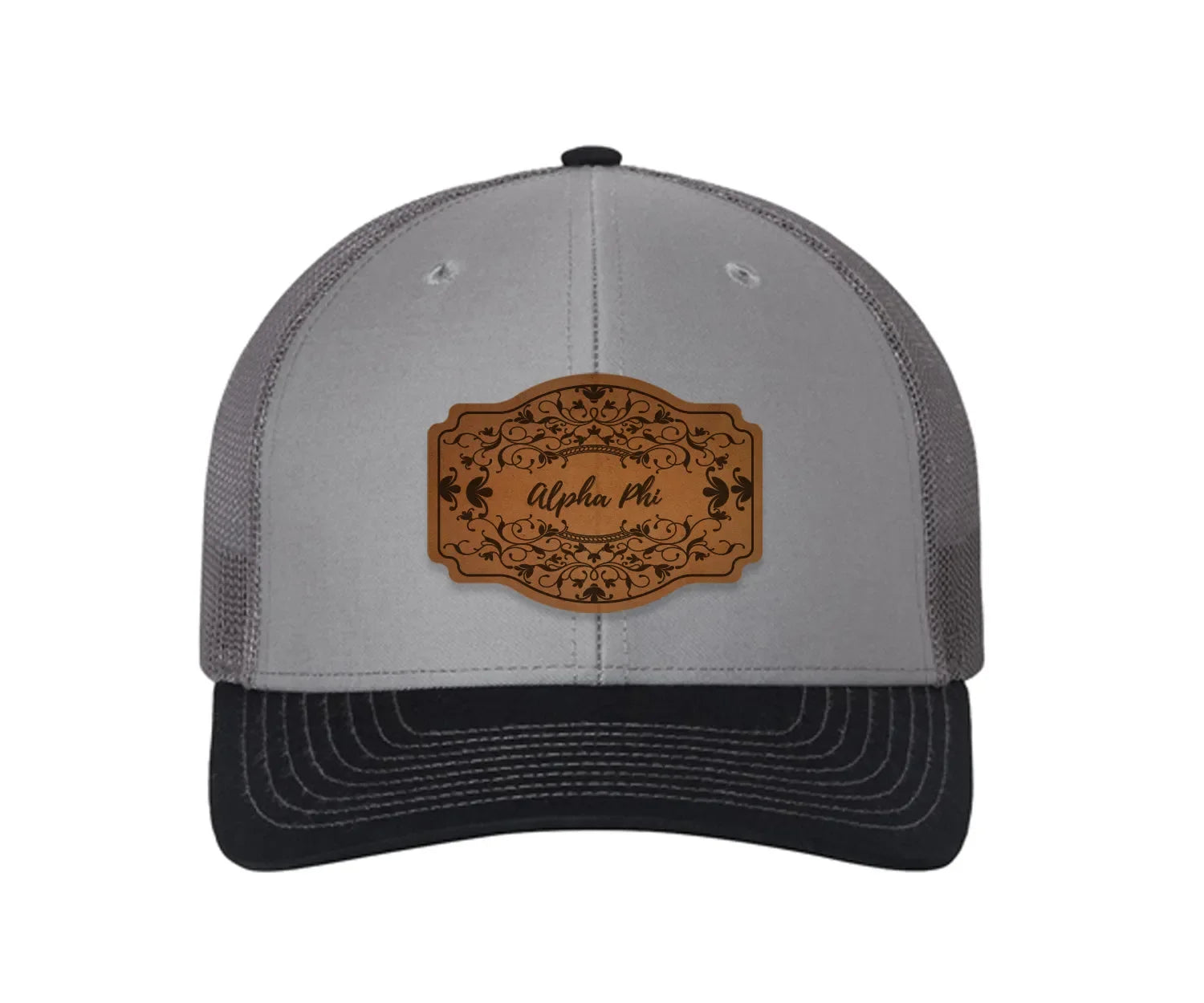 Alpha Phi Richardson 112 Leatherette Patch Trucker Hat - Scroll