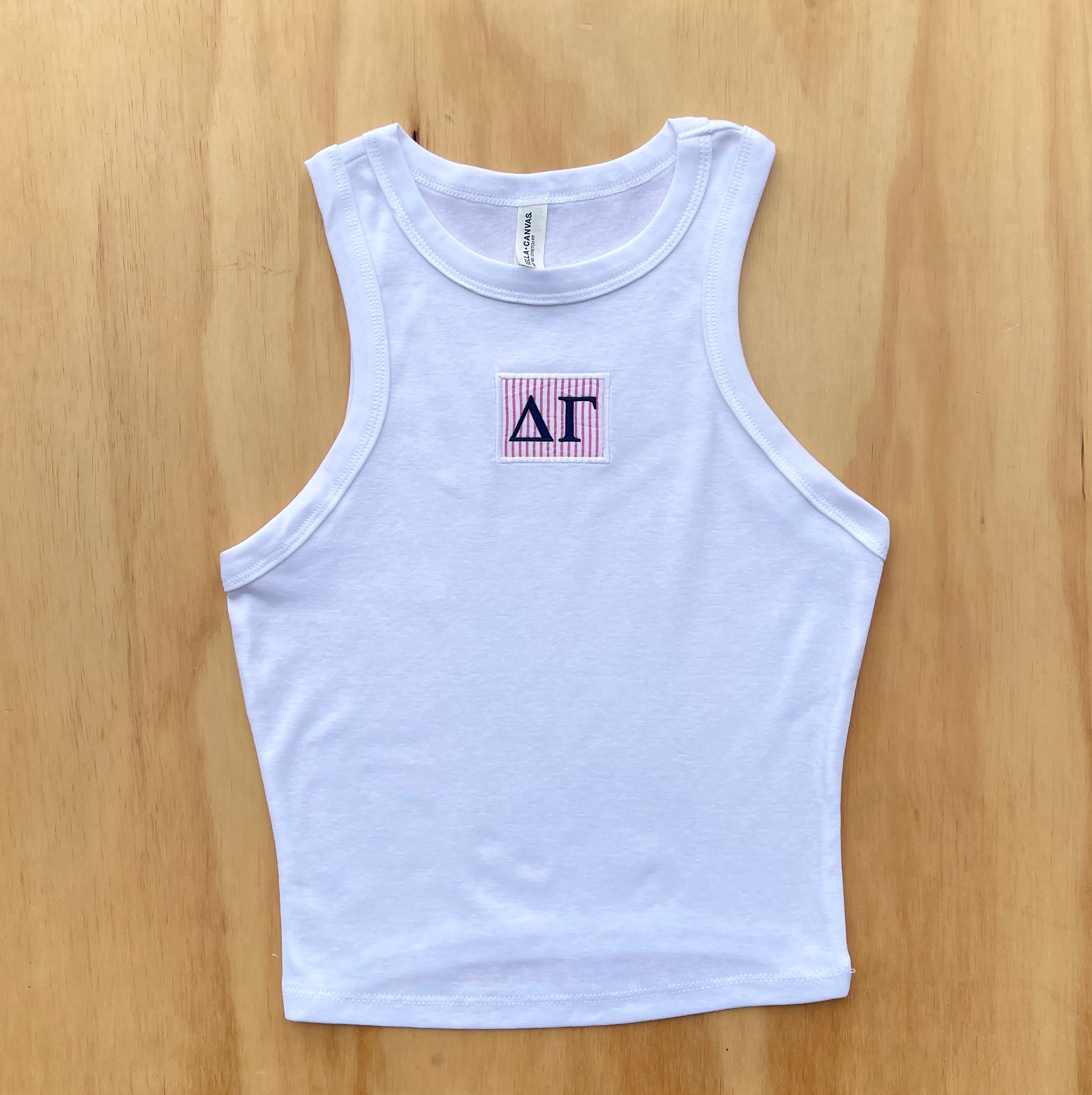Delta Gamma Seersucker Patch Crop Tank