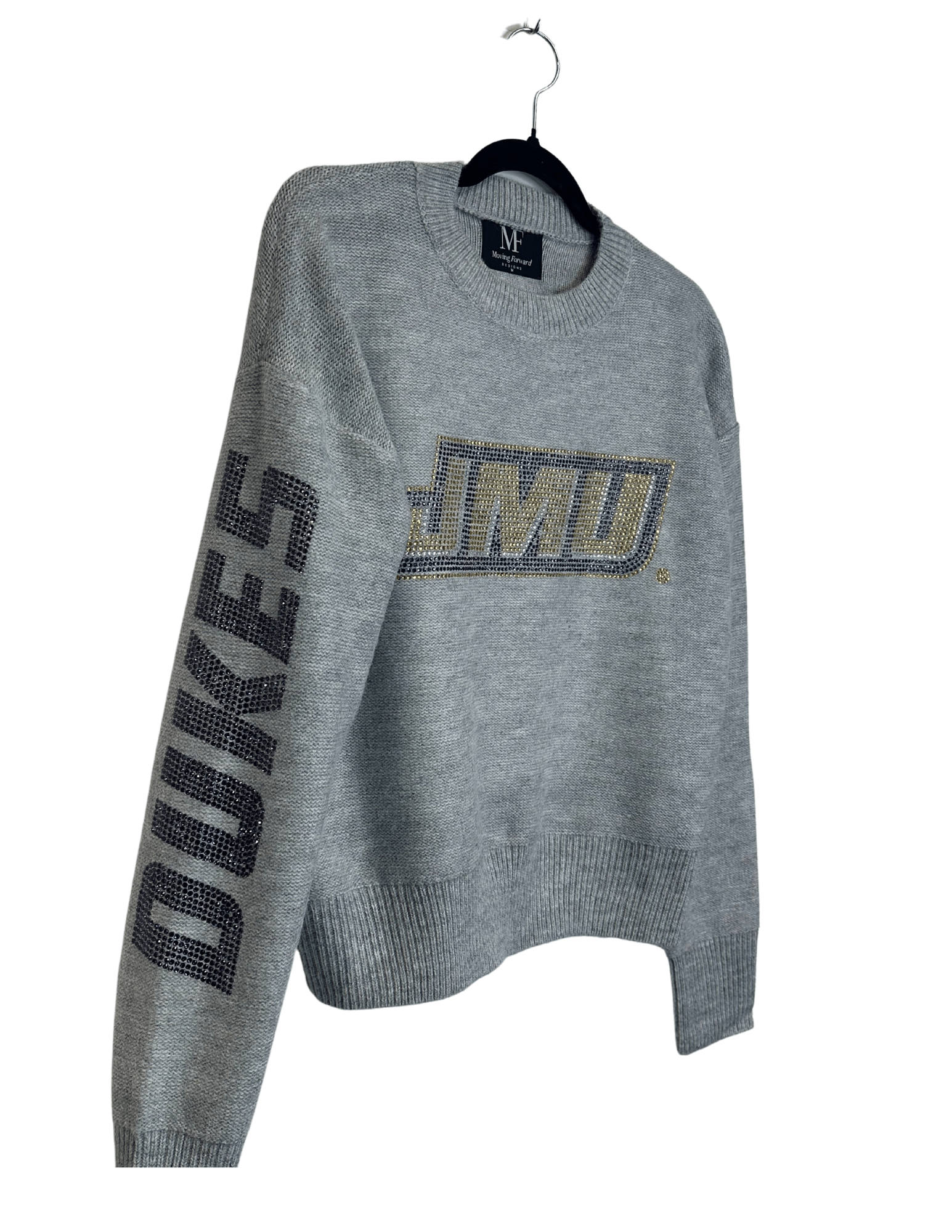 James Madison Logo and Dukes Gray Crewneck Sweater