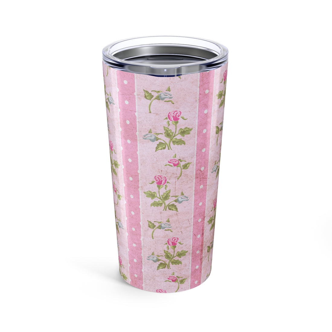 Tumbler with floral and polka dot pattern on a white background
