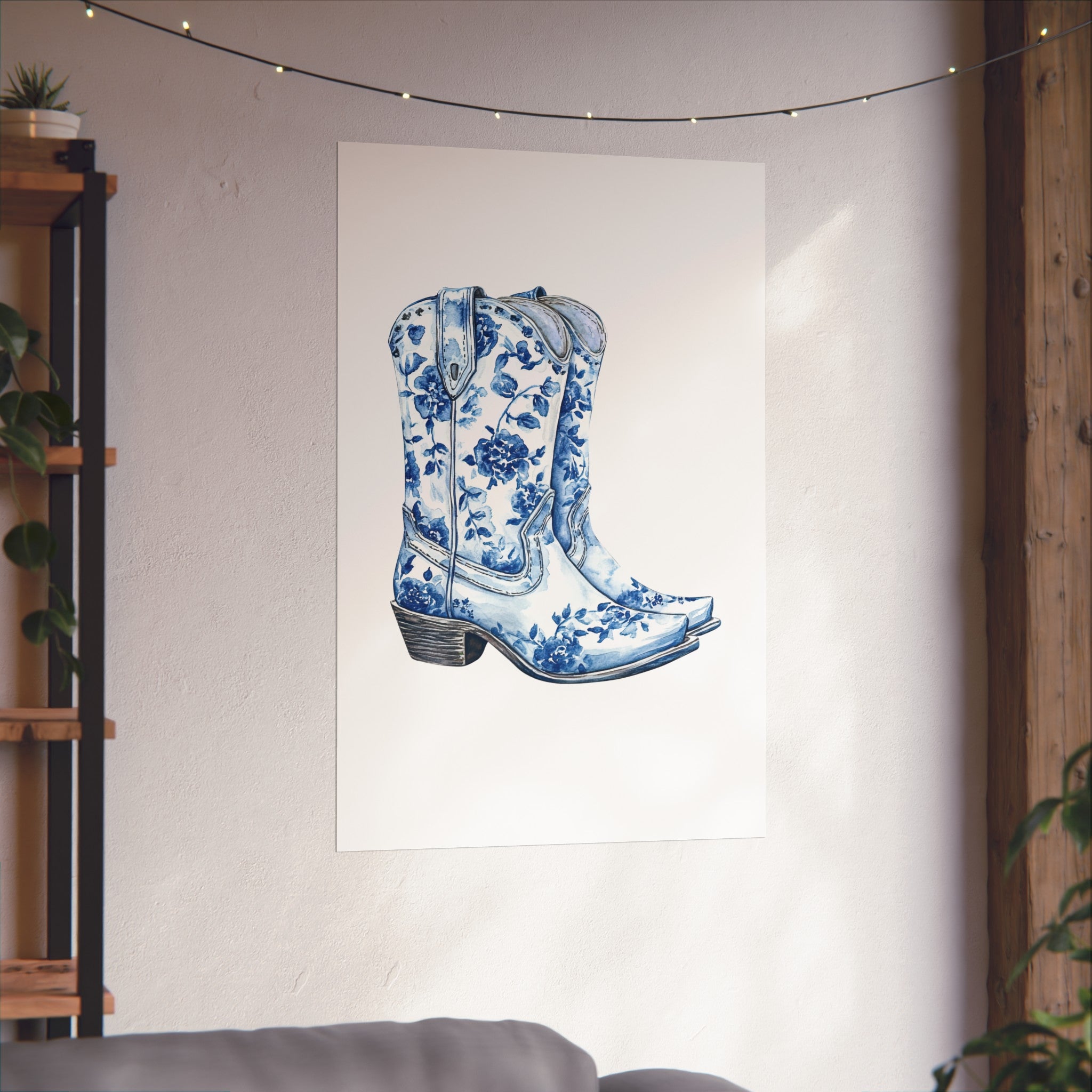 Blue Floral Cowboy Boots Art Print, Dorm Room Decor Rustic Home Art, Gift for Cowgirl, Country Decor, Bohemian Style