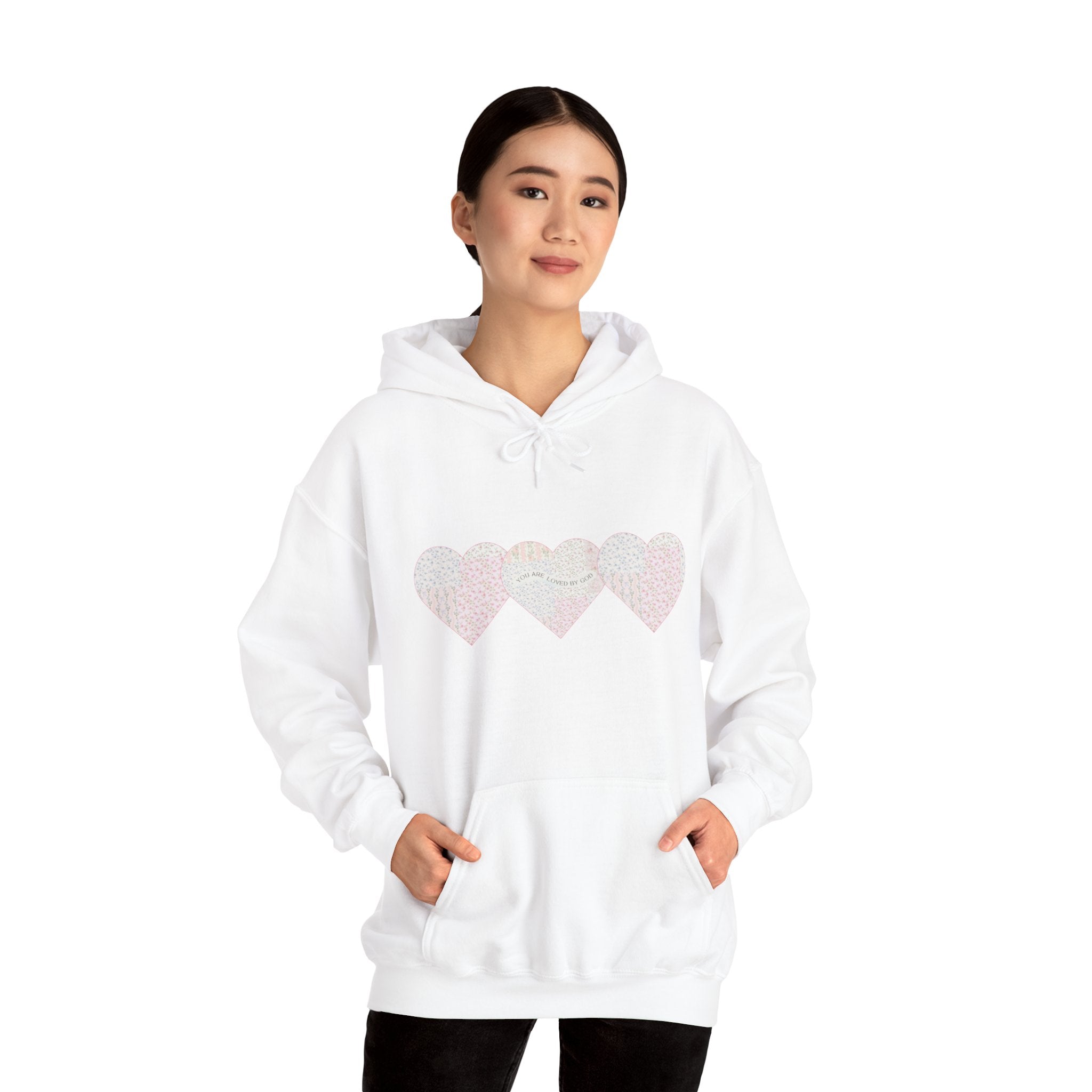 You Are Loved By God Heartfelt Hoodie with Patchwork Hearts Design
