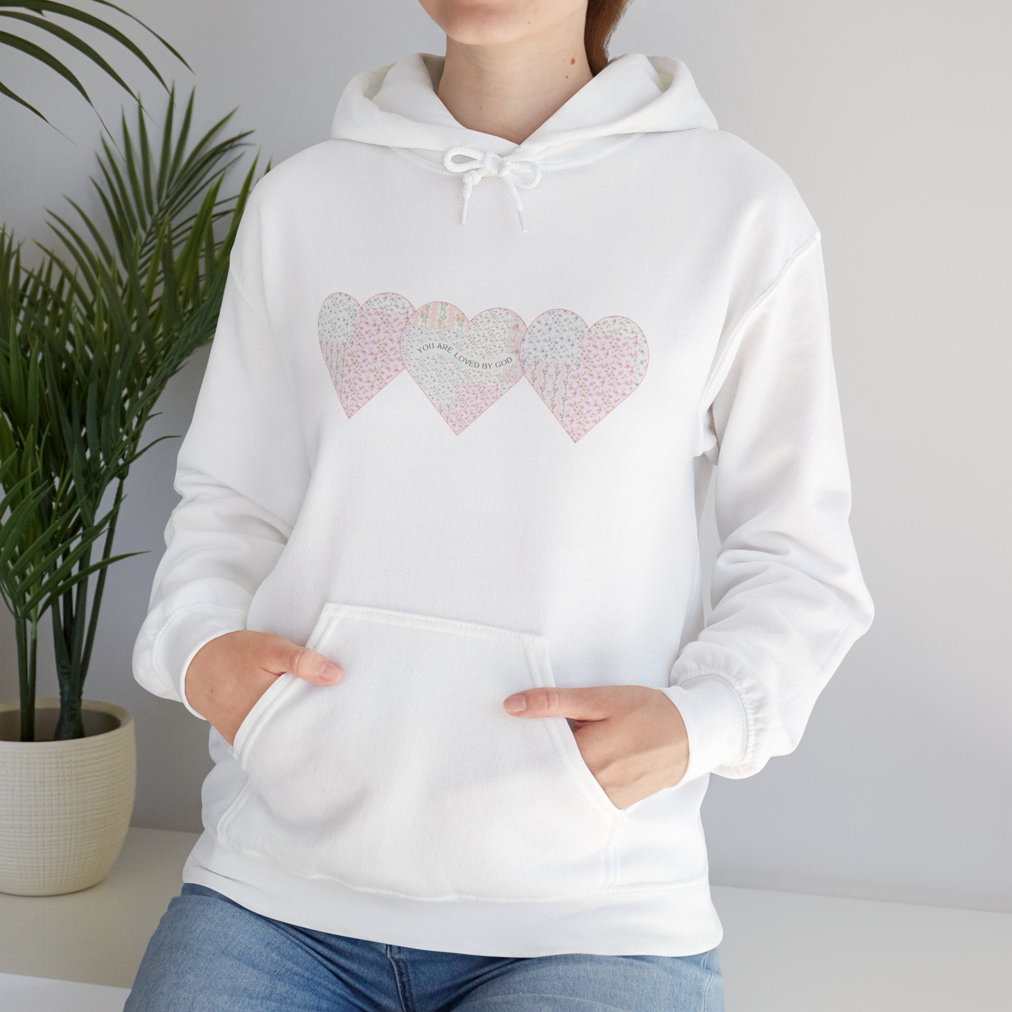 You Are Loved By God Heartfelt Hoodie with Patchwork Hearts Design