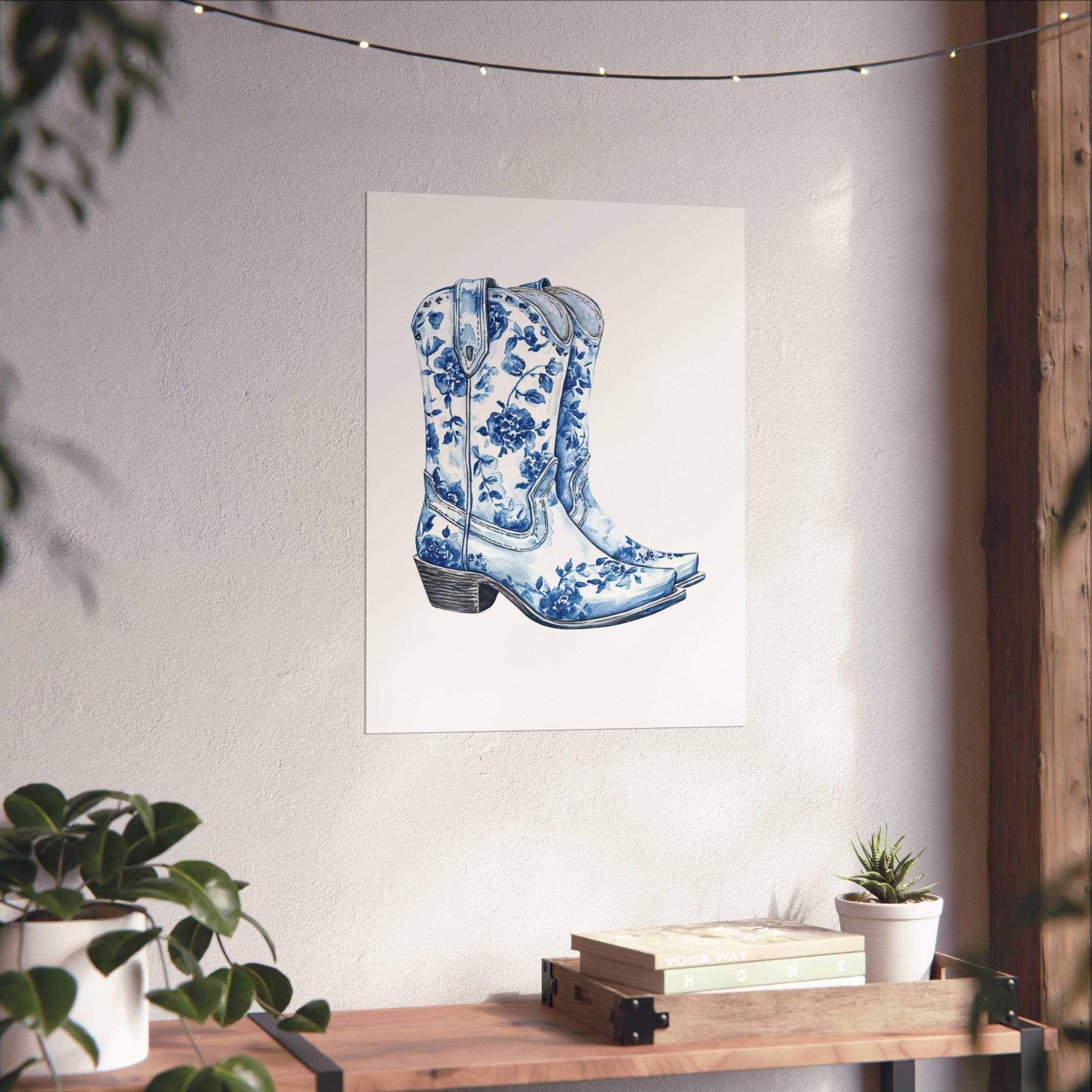 Blue Floral Cowboy Boots Art Print, Dorm Room Decor Rustic Home Art, Gift for Cowgirl, Country Decor, Bohemian Style