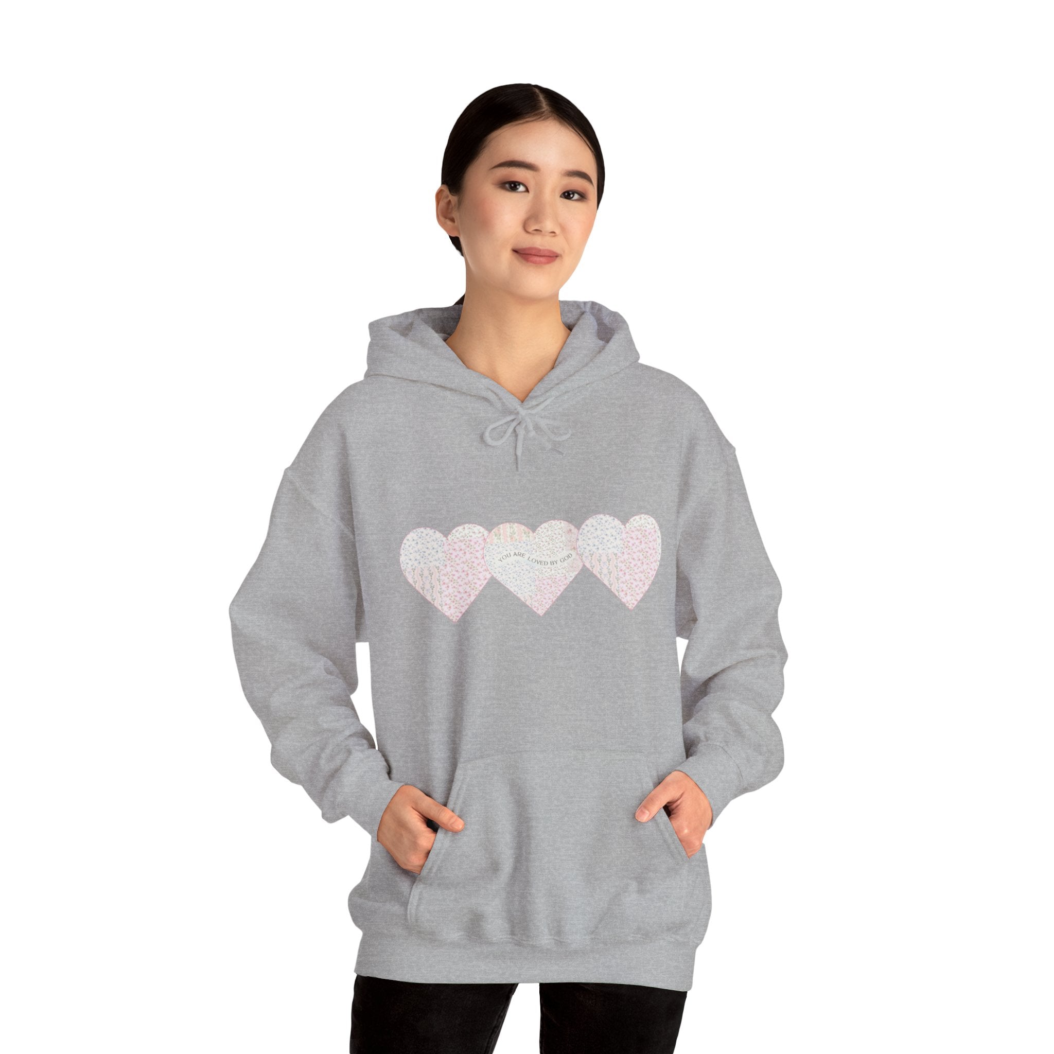 You Are Loved By God Heartfelt Hoodie with Patchwork Hearts Design