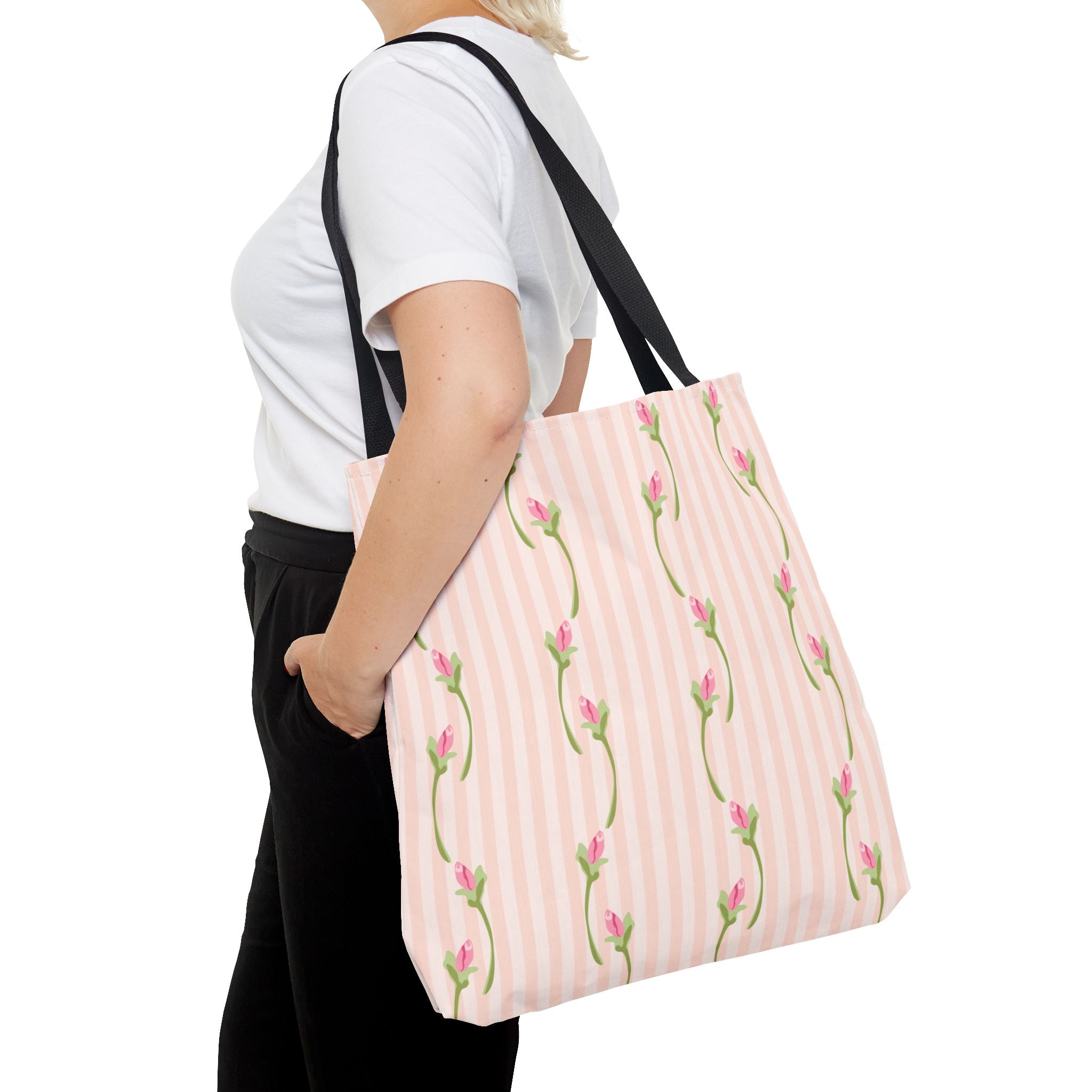 Customizable: Floral Stripe Tote Bag, Chic Shopping Tote, Spring Gift Bag, Eco-Friendly Reusable Bag, Perfect for Grad Gifts College Send off Gift