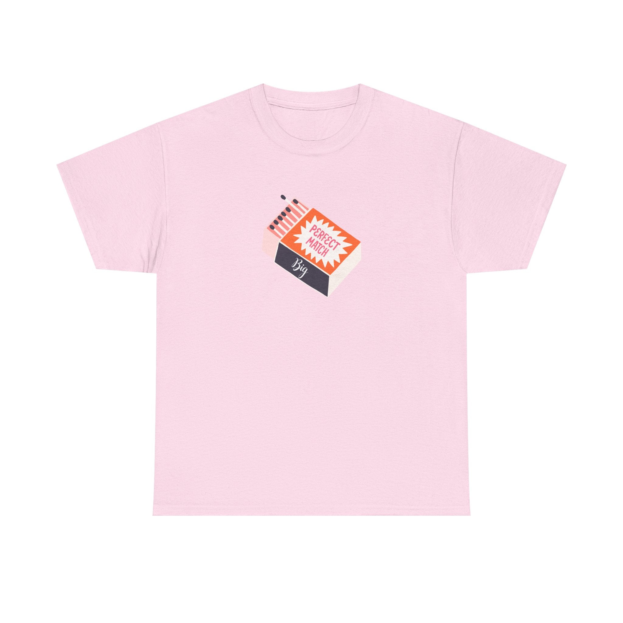 Pink t-shirt with a matchbox that says Perfect Match and the word "Big' on it.
