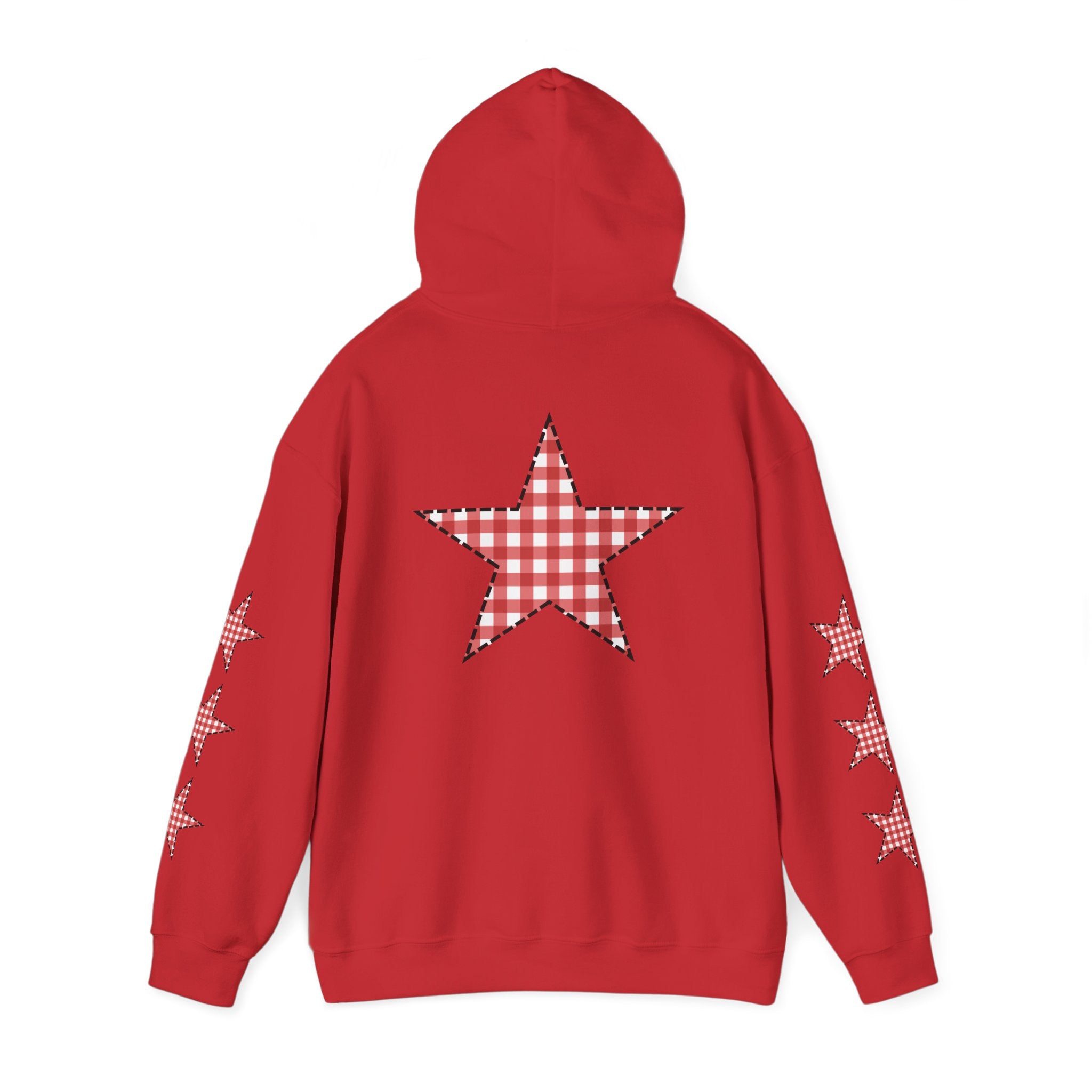 Red Gingham Star Hoodie, Cozy Winter Sweatshirt, Casual Unisex Outerwear, Perfect Gift for Birthdays, Holidays, and Trendy Outfits