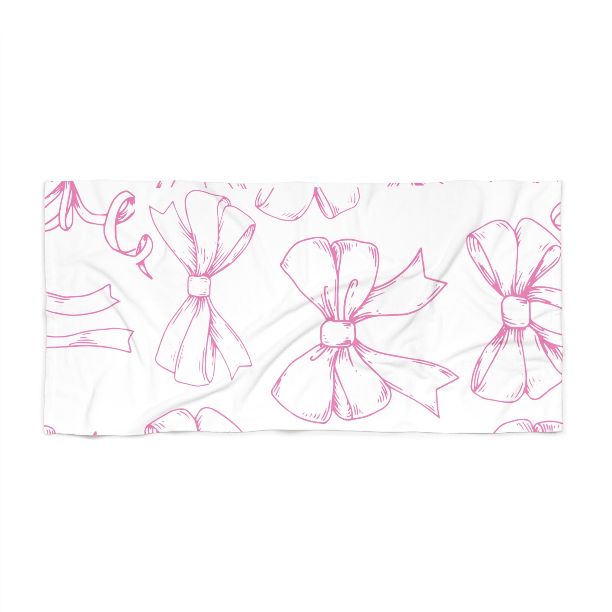 White towel with pink bow pattern on a white background