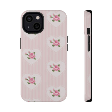 Phone case with heart and floral design on a pink background