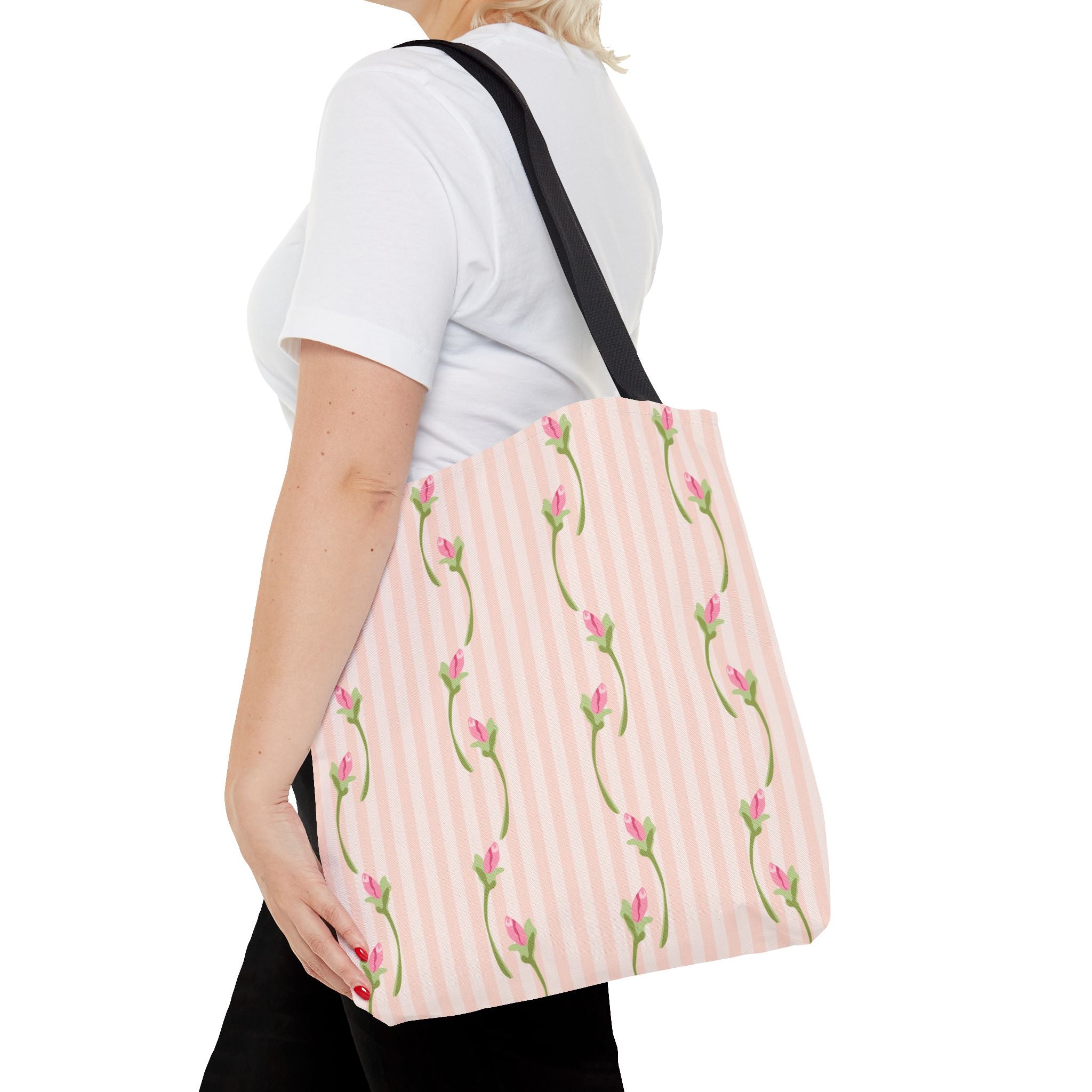 Customizable: Floral Stripe Tote Bag, Chic Shopping Tote, Spring Gift Bag, Eco-Friendly Reusable Bag, Perfect for Grad Gifts College Send off Gift