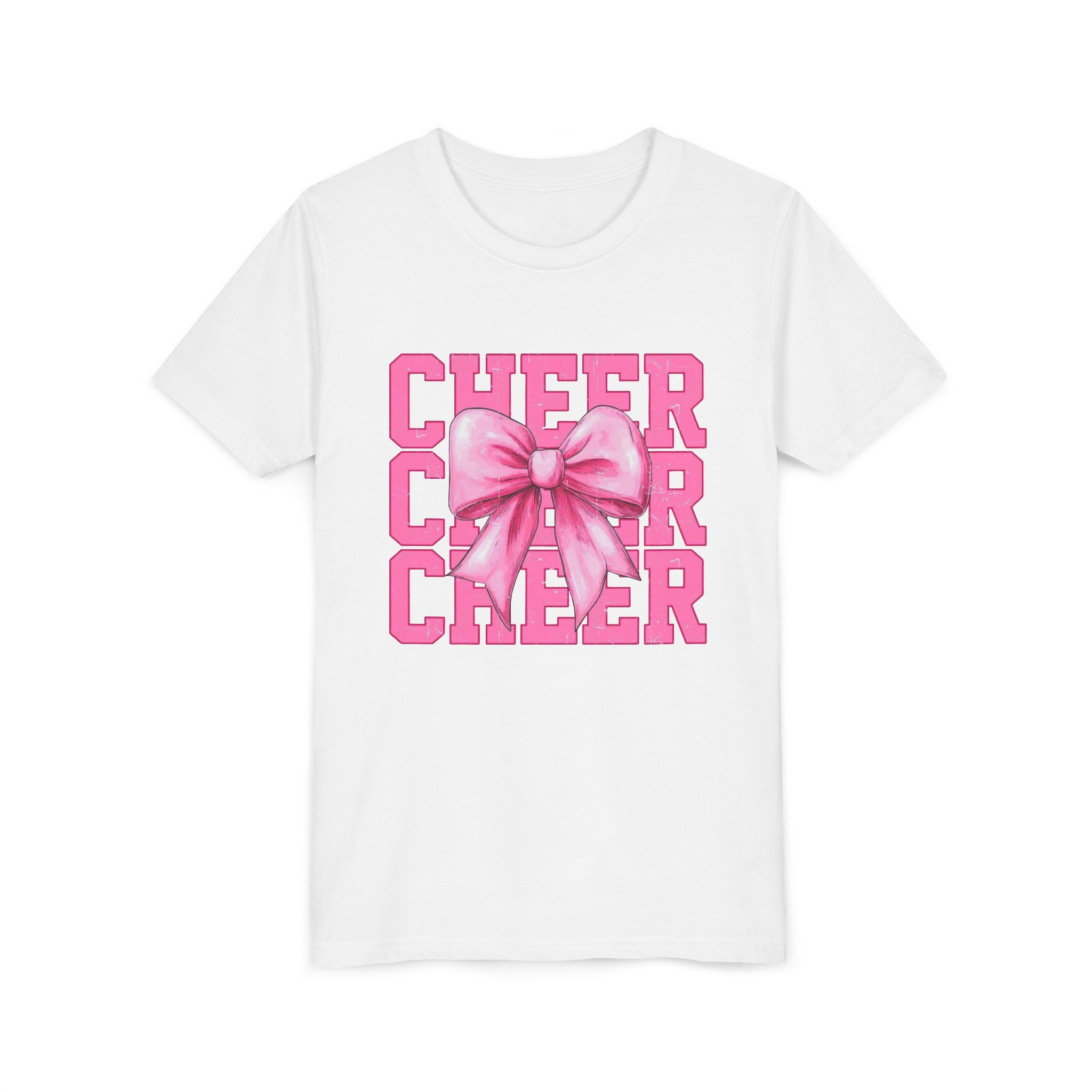 Cheerful Youth Tee with Pink Bow, Perfect for Cheerleading, Birthdays, Parties, Sports Events, and Everyday Wear
