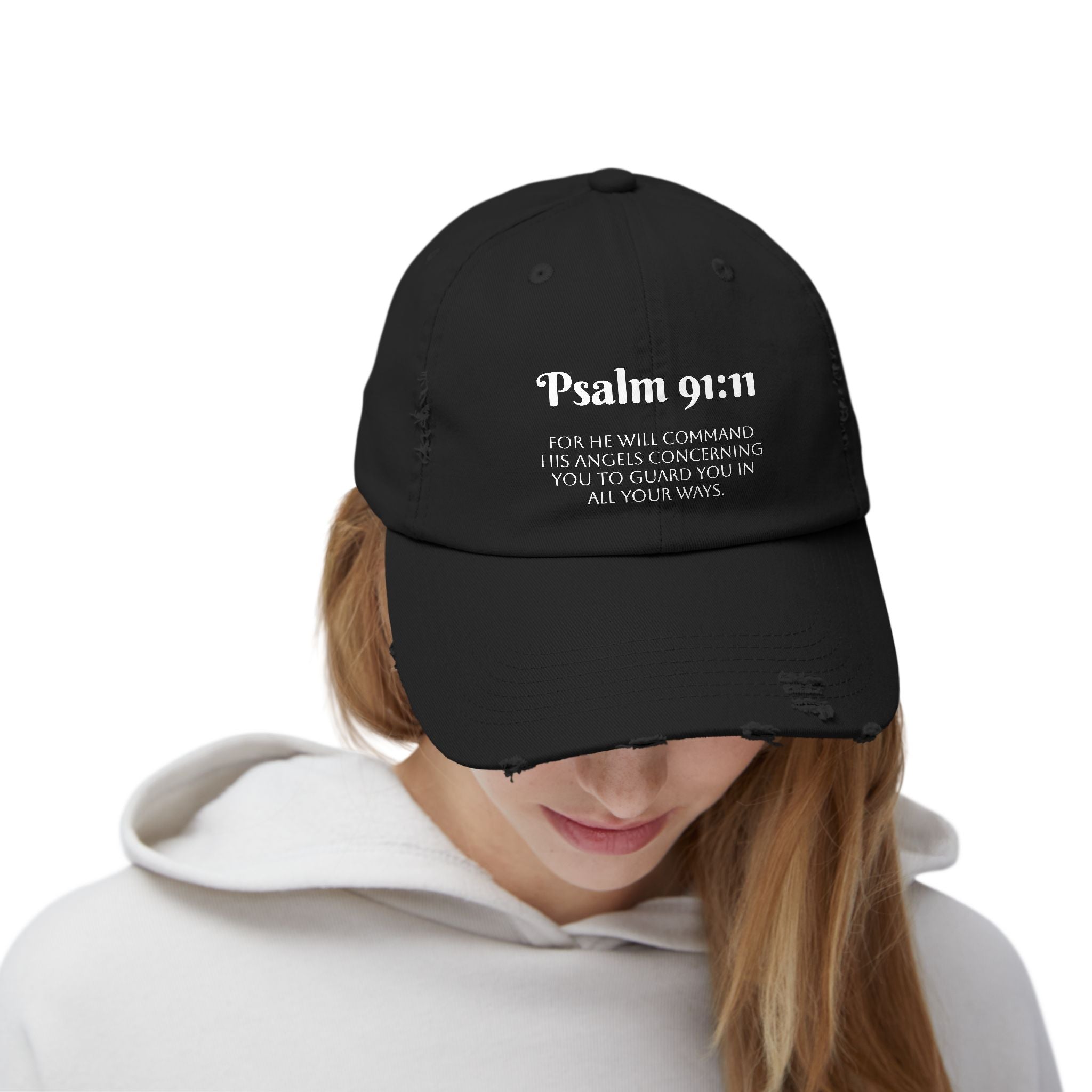 Faith-Inspired Unisex Distressed Cap, Psalm 91:11 Scripture Hat for Daily Wear, Inspirational Gift, Casual Style, Christian Faith
