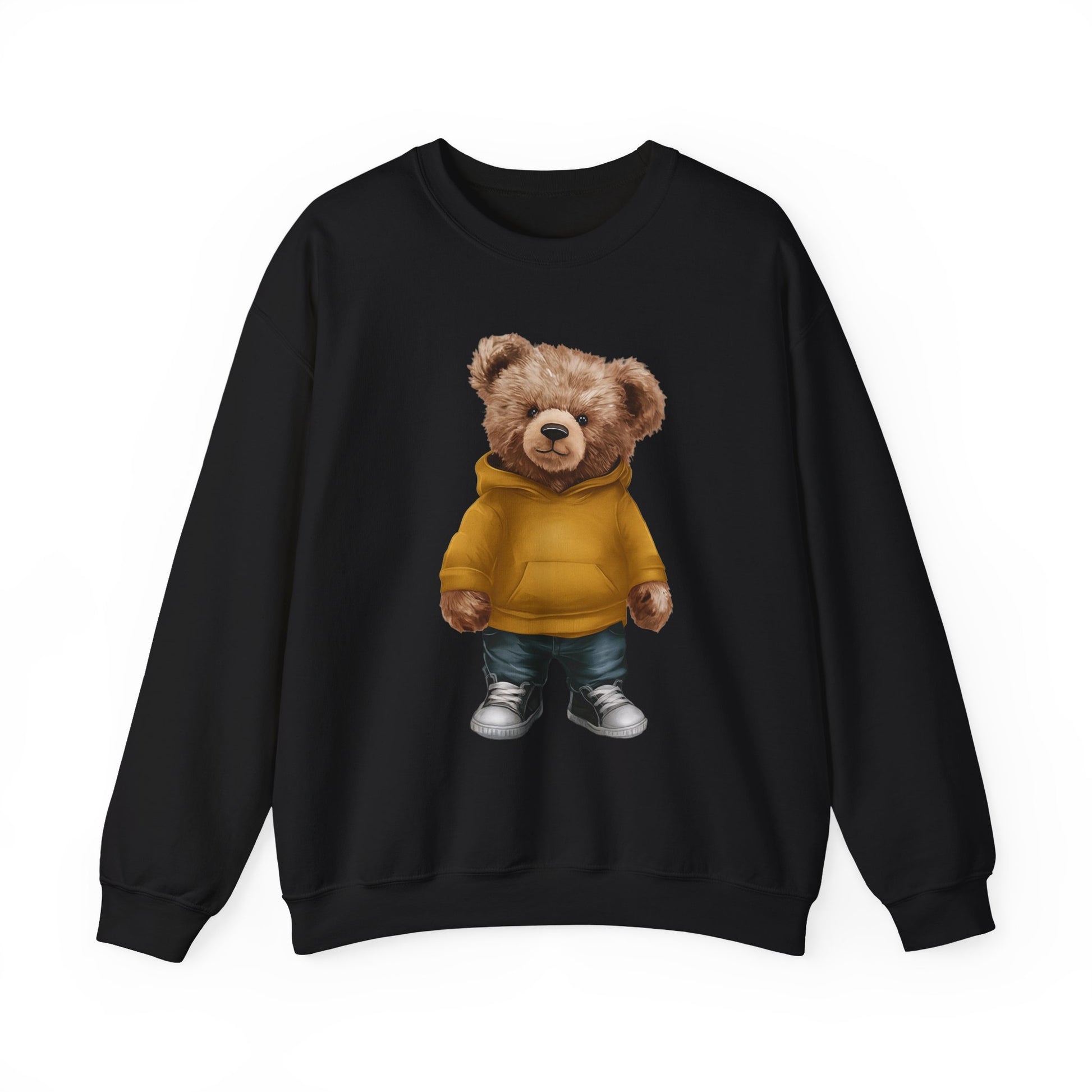 Black sweatshirt with a teddy bear wearing a yellow hoodie design on a white background