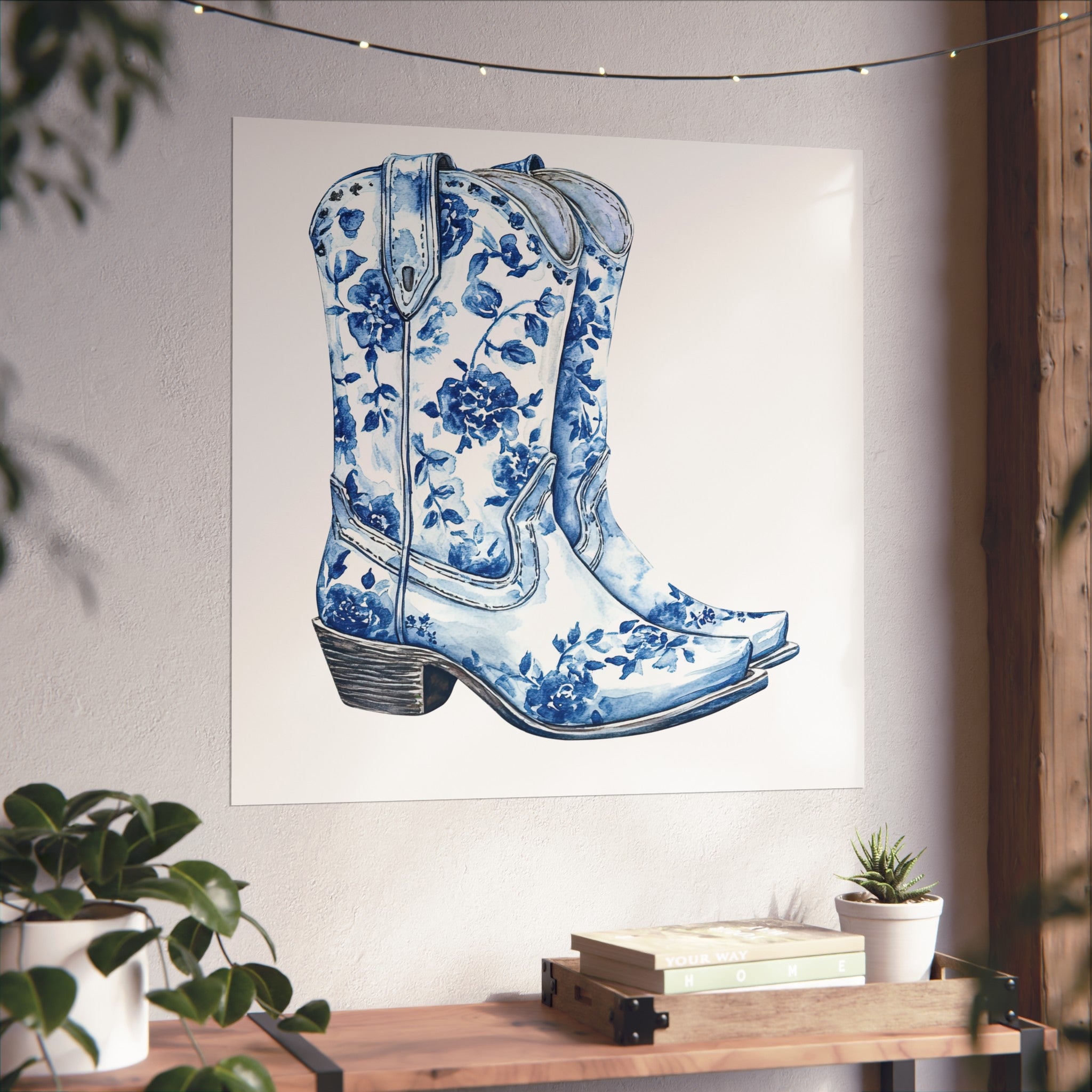 Blue Floral Cowboy Boots Art Print, Dorm Room Decor Rustic Home Art, Gift for Cowgirl, Country Decor, Bohemian Style