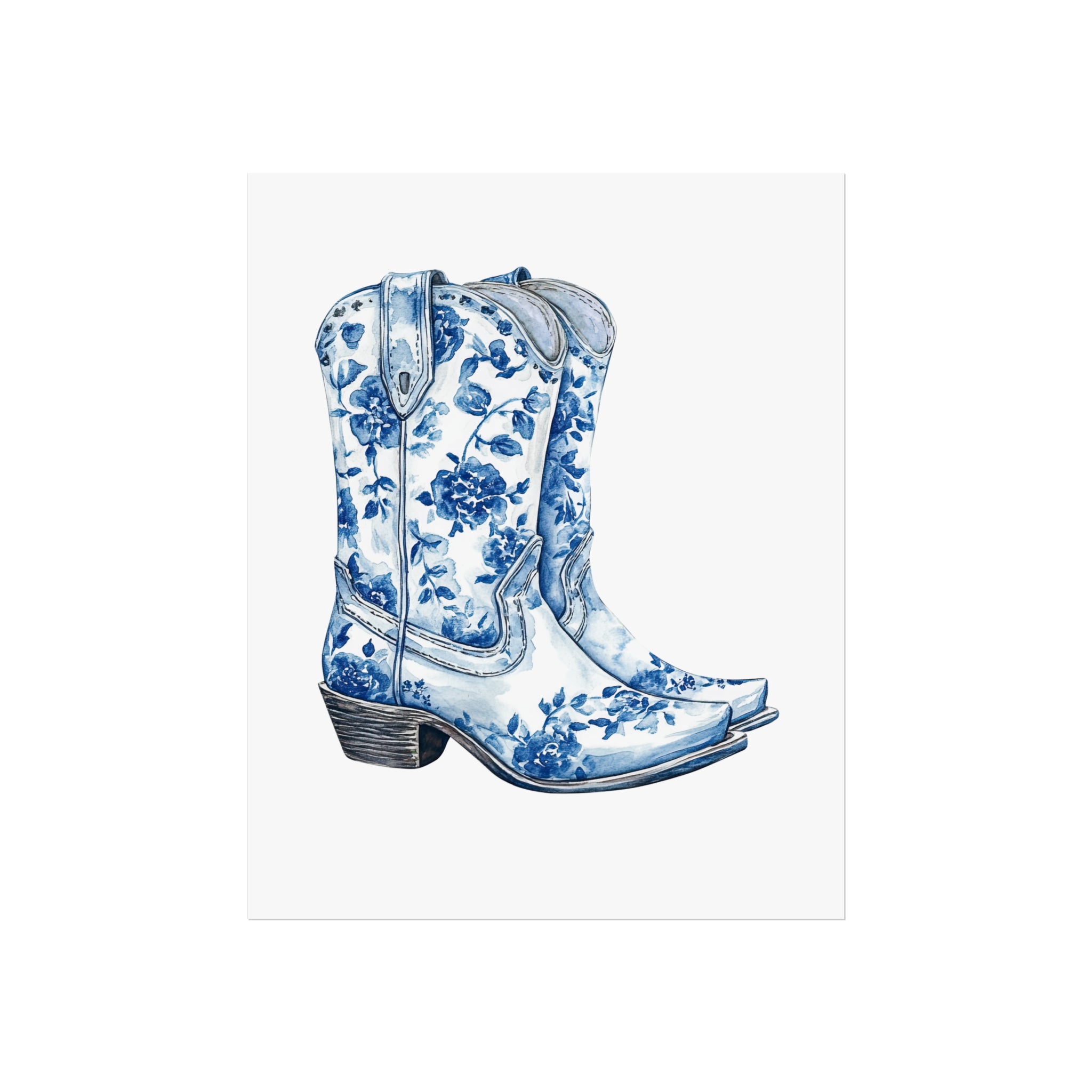 Blue Floral Cowboy Boots Art Print, Dorm Room Decor Rustic Home Art, Gift for Cowgirl, Country Decor, Bohemian Style