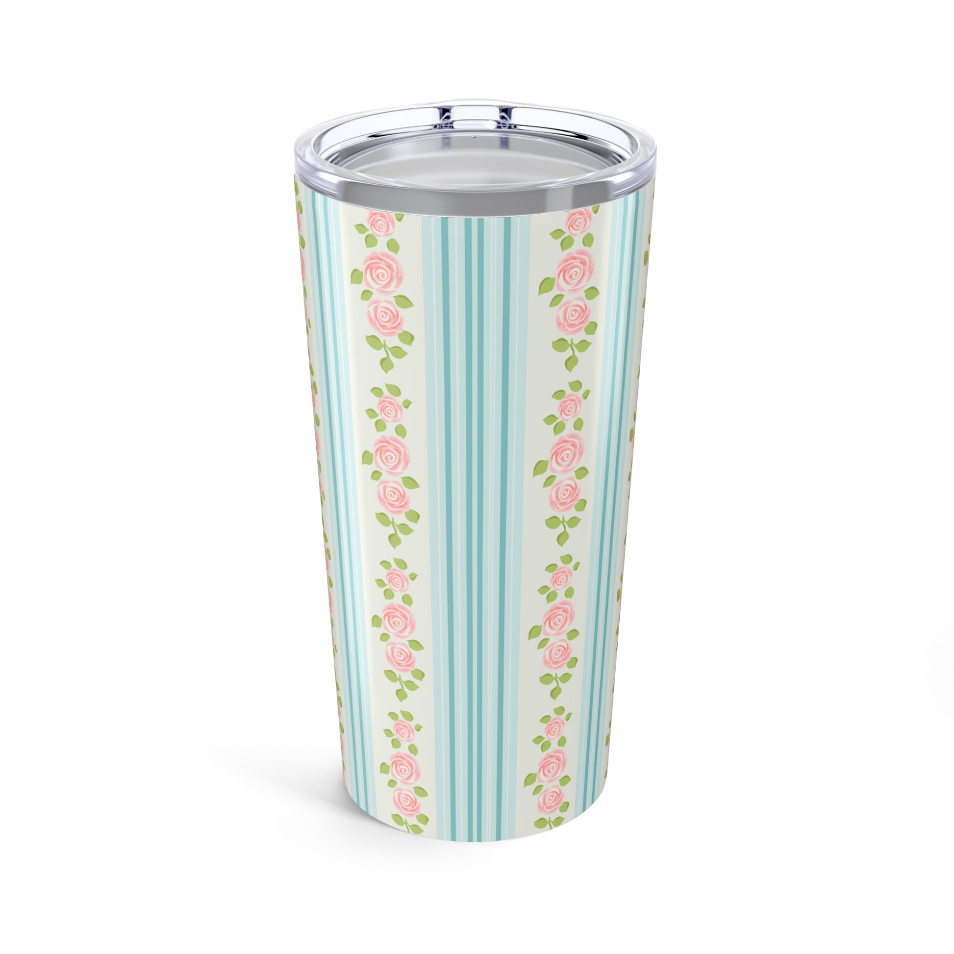 Tumbler with floral and striped design on a white background