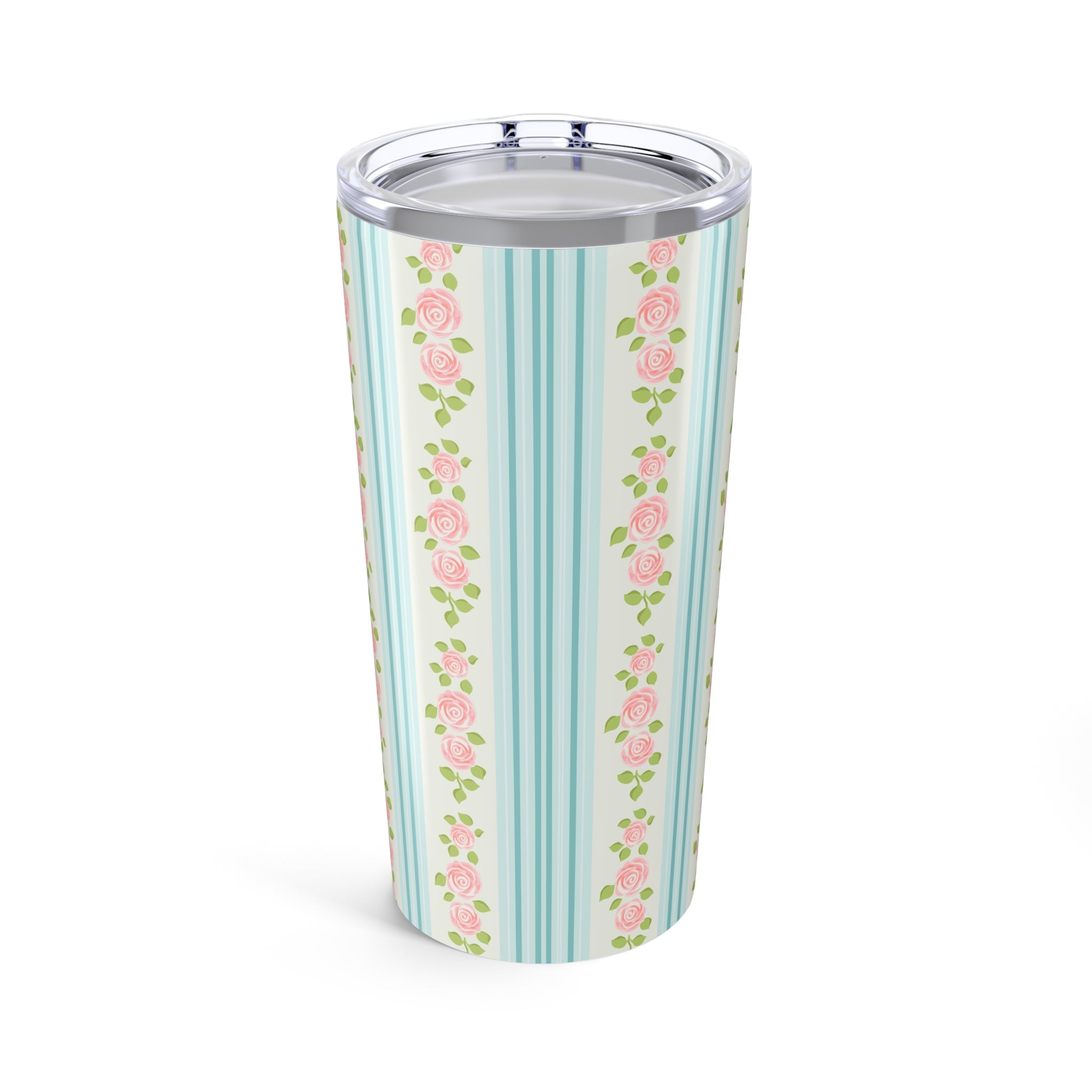 Tumbler with floral and striped design on a white background
