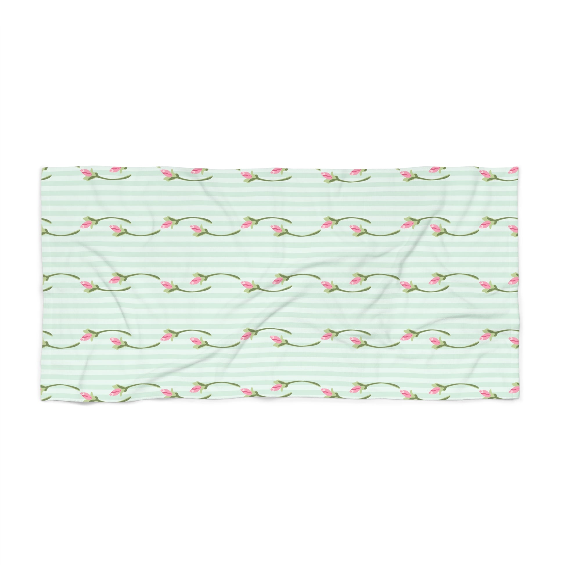 Fabric with floral pattern on a light green striped background