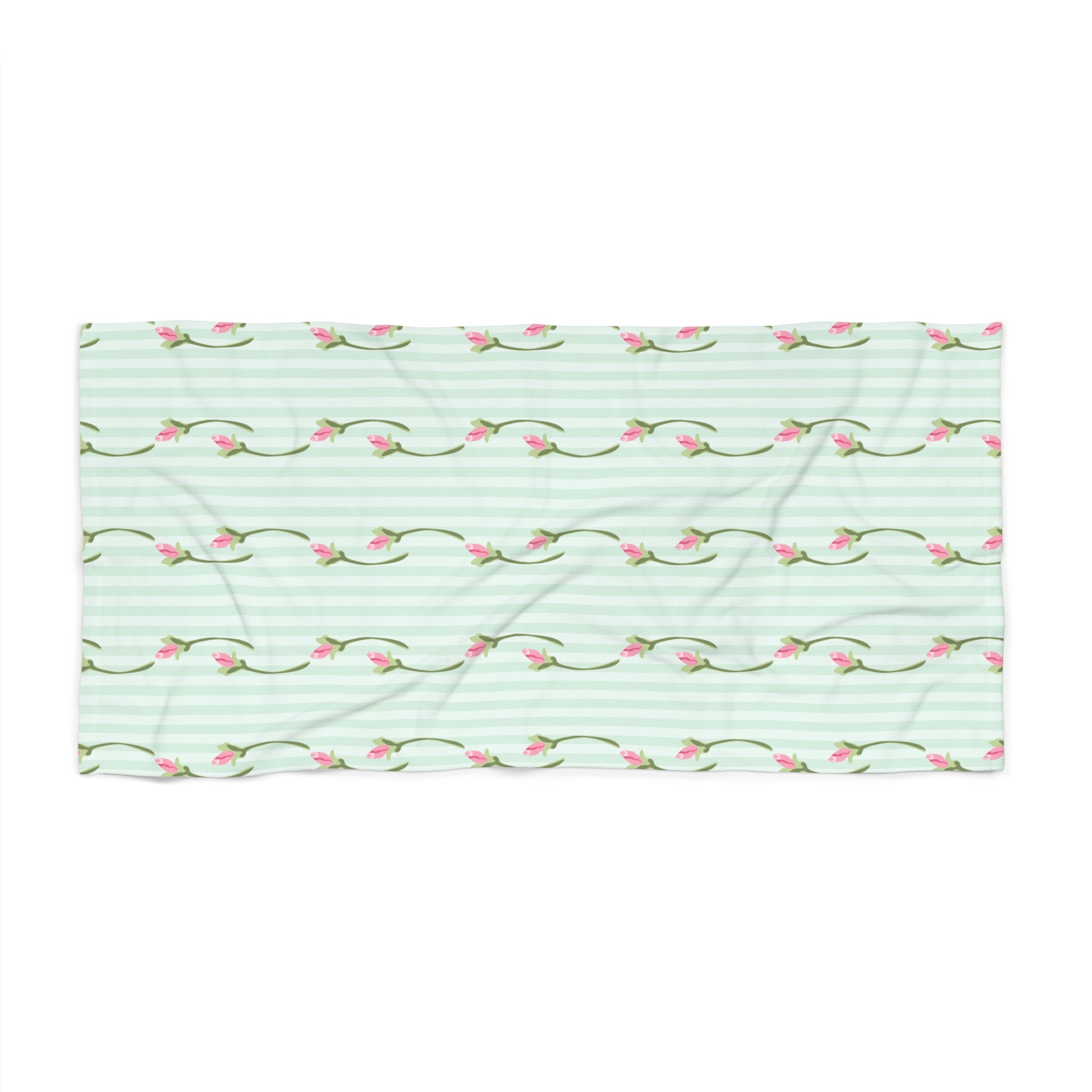 Fabric with floral pattern on a light green striped background